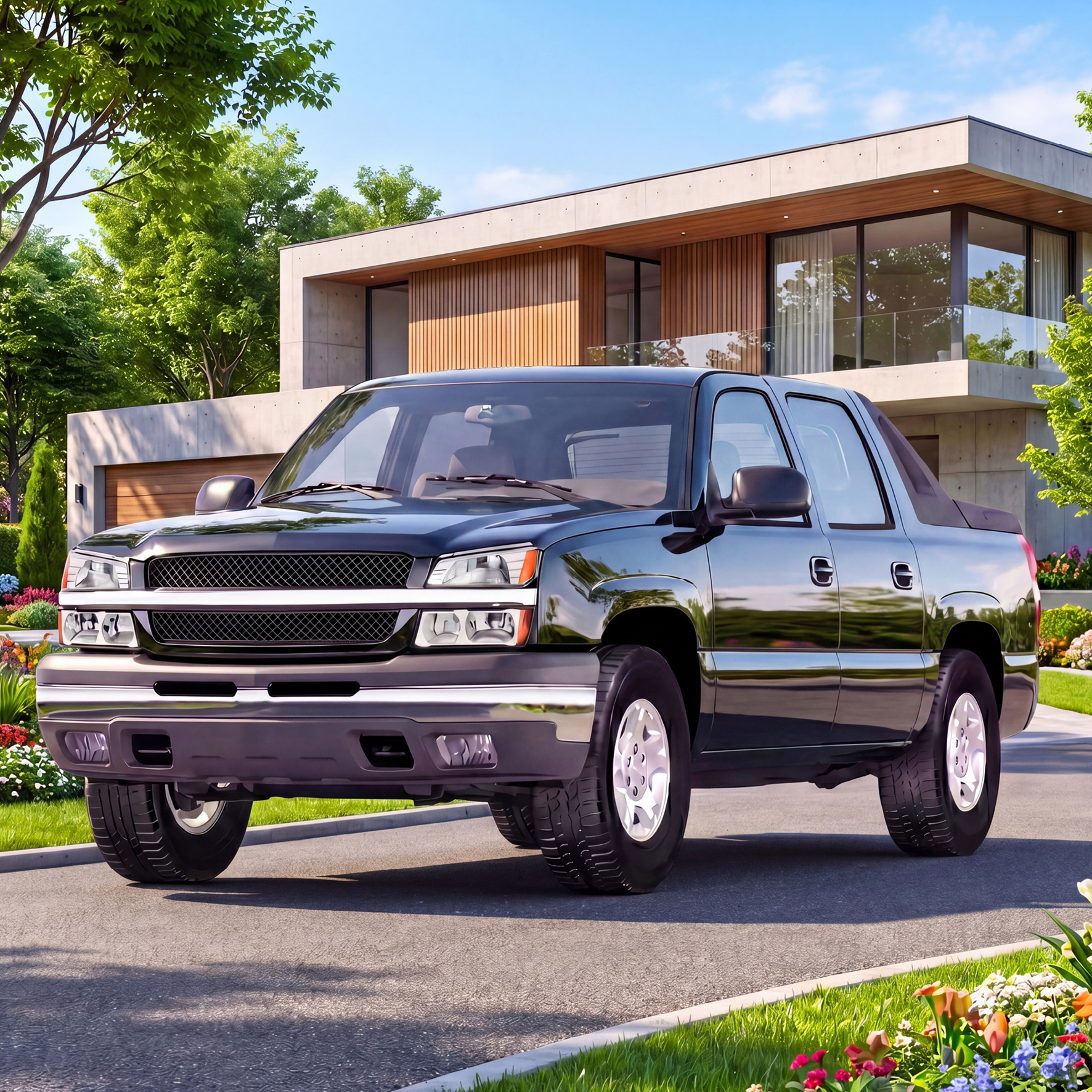 Side view of YITAMOTOR® 2002-2006 Chevy Avalanche with BODY CLADDING Chrome Headlights+Bumper Signal Lamp Headlight Assembly