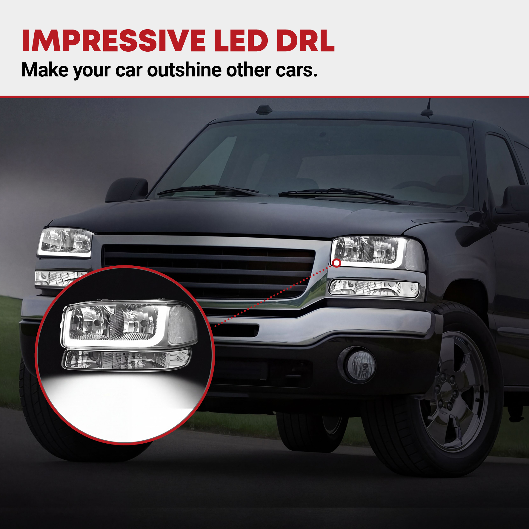 Side view of YITAMOTOR® Headlights Assembly LED DRL Compatible with 1999-2007 GMC Sierra /2001-2006 GMC Yukon XL Headlamp with Daytime Running Light Chrome Housing