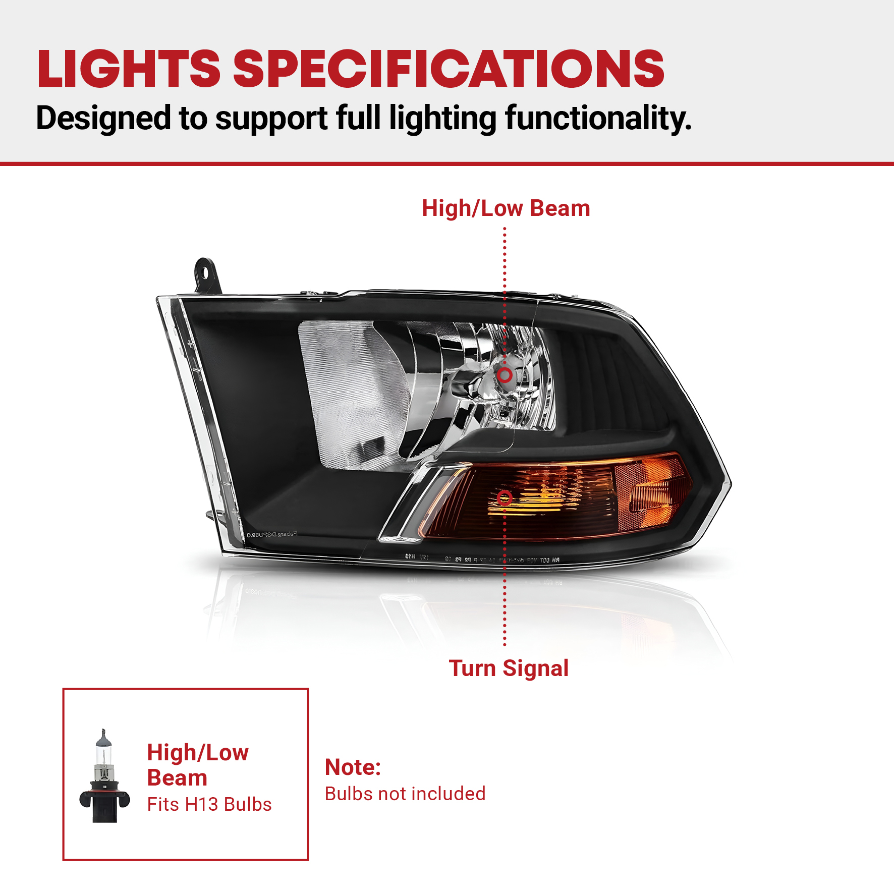 Side view of YITAMOTOR® 2009-2012 Dodge Ram Pickup Dual Cab Headlight Assembly Black Housing Headlamp