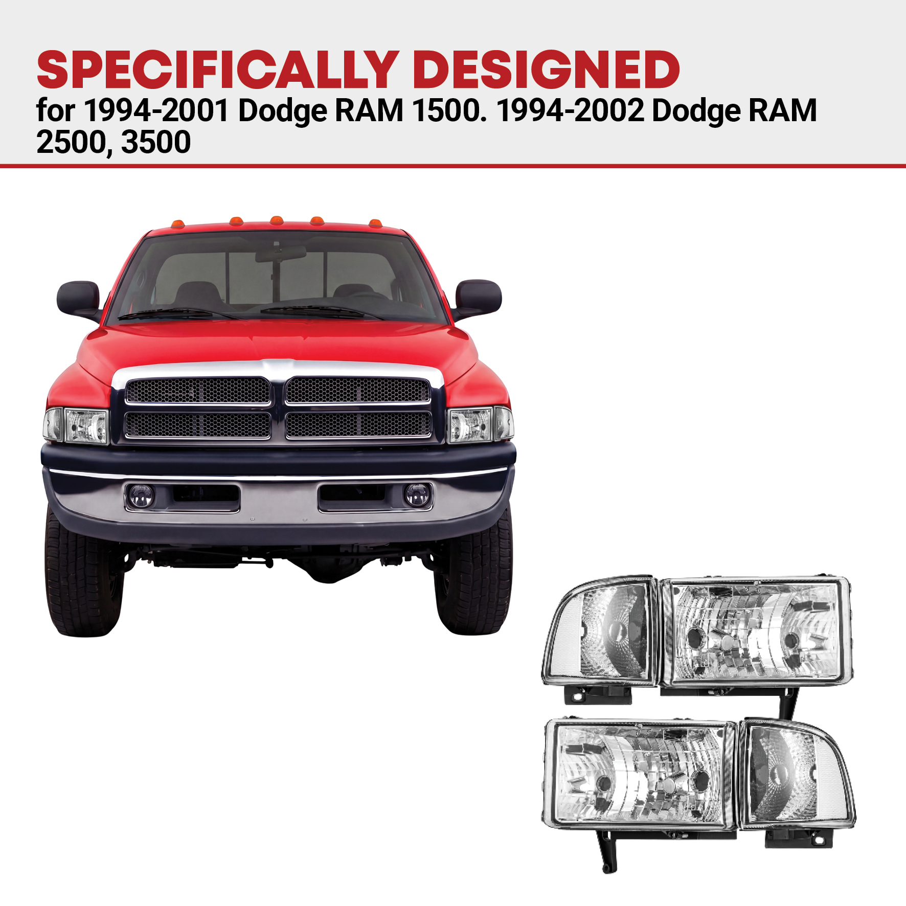 Side view of YITAMOTOR® Headlights Assembly Compatible with 1994-2001 Dodge Ram 1500/1994-2002 Ram 2500 3500 Chrome Housing Clear Reflector Clear Lens with Corner