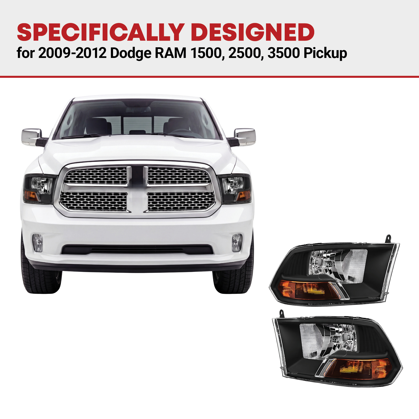 Side view of YITAMOTOR® 2009-2012 Dodge Ram Pickup Dual Cab Headlight Assembly Black Housing Headlamp
