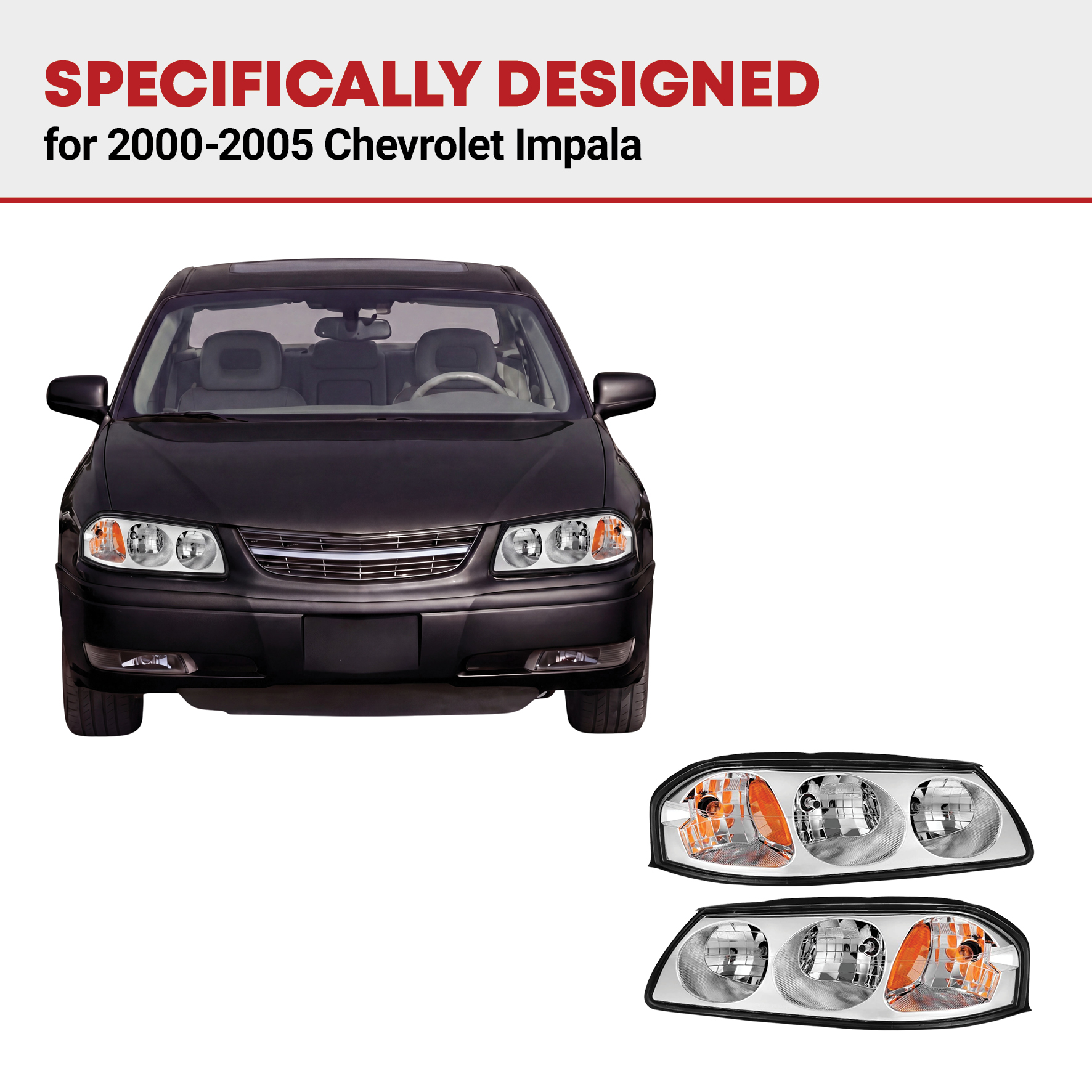 Side view of YITAMOTOR® 2000-2005 Chevy Impala Headlight Assembly OE Style Headlamps Chrome Housing Amber Reflector