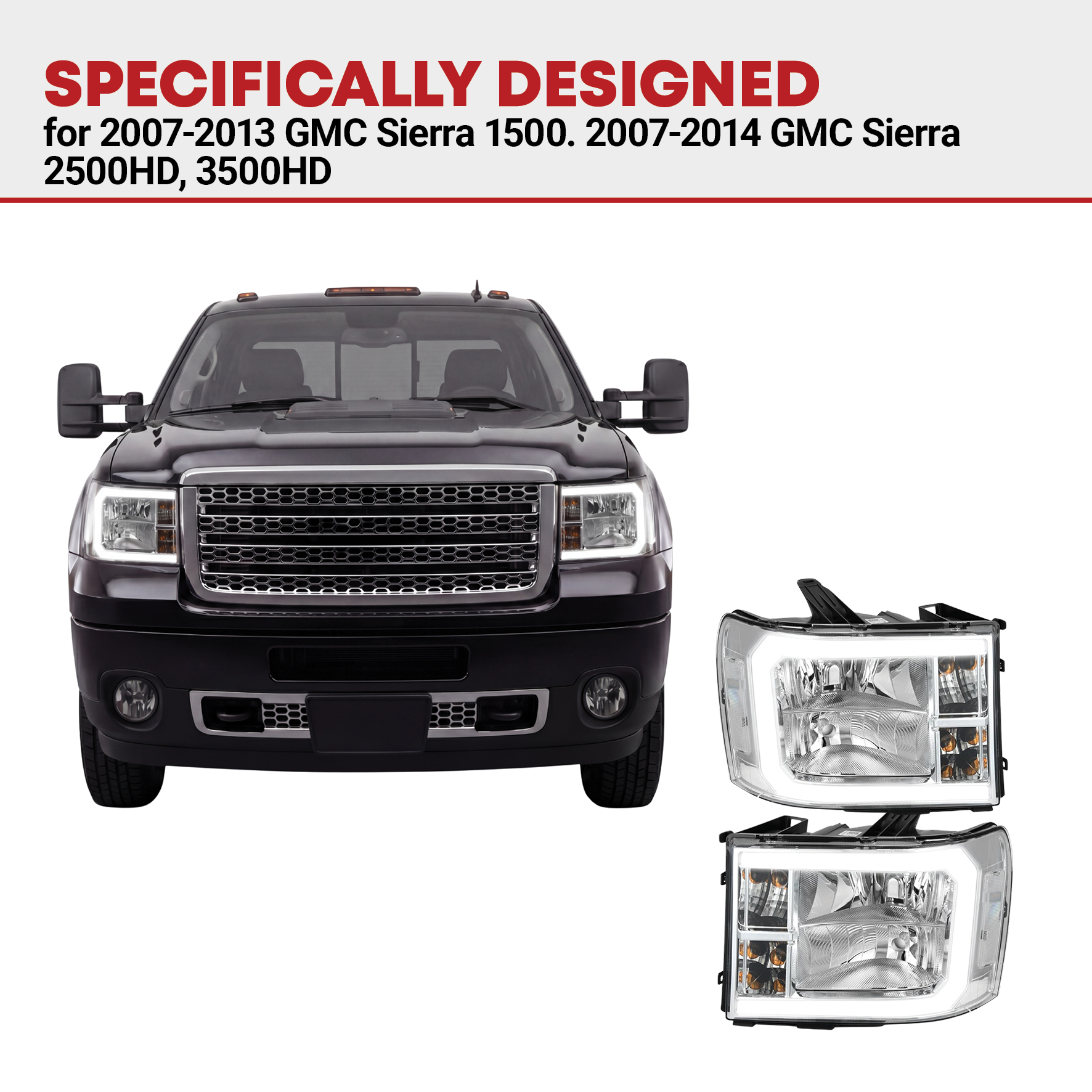 Side view of YITAMOTOR® LED DRL Headlights Assembly Compatible with 2007-2013 GMC Sierra 1500/2007-2014 GMC Sierra 2500 HD/Sierra 3500 HD (Not fit classic models)