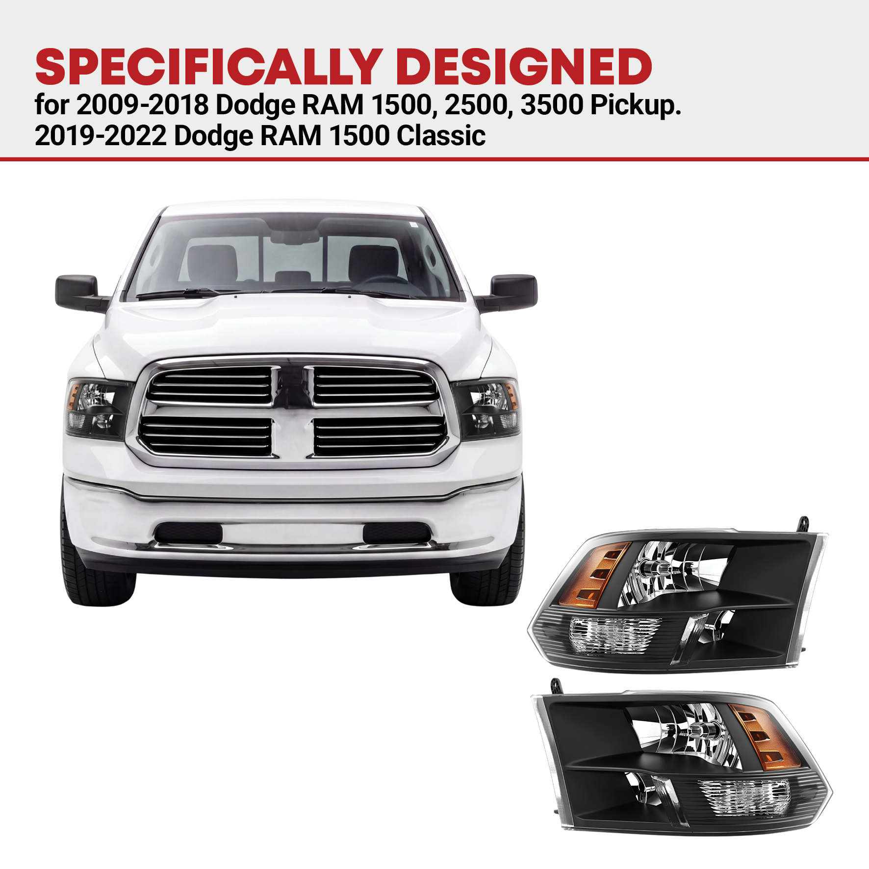 Side view of YITAMOTOR® 2009-2018 Dodge Ram Headlights Assembly Black Quad Headlamps