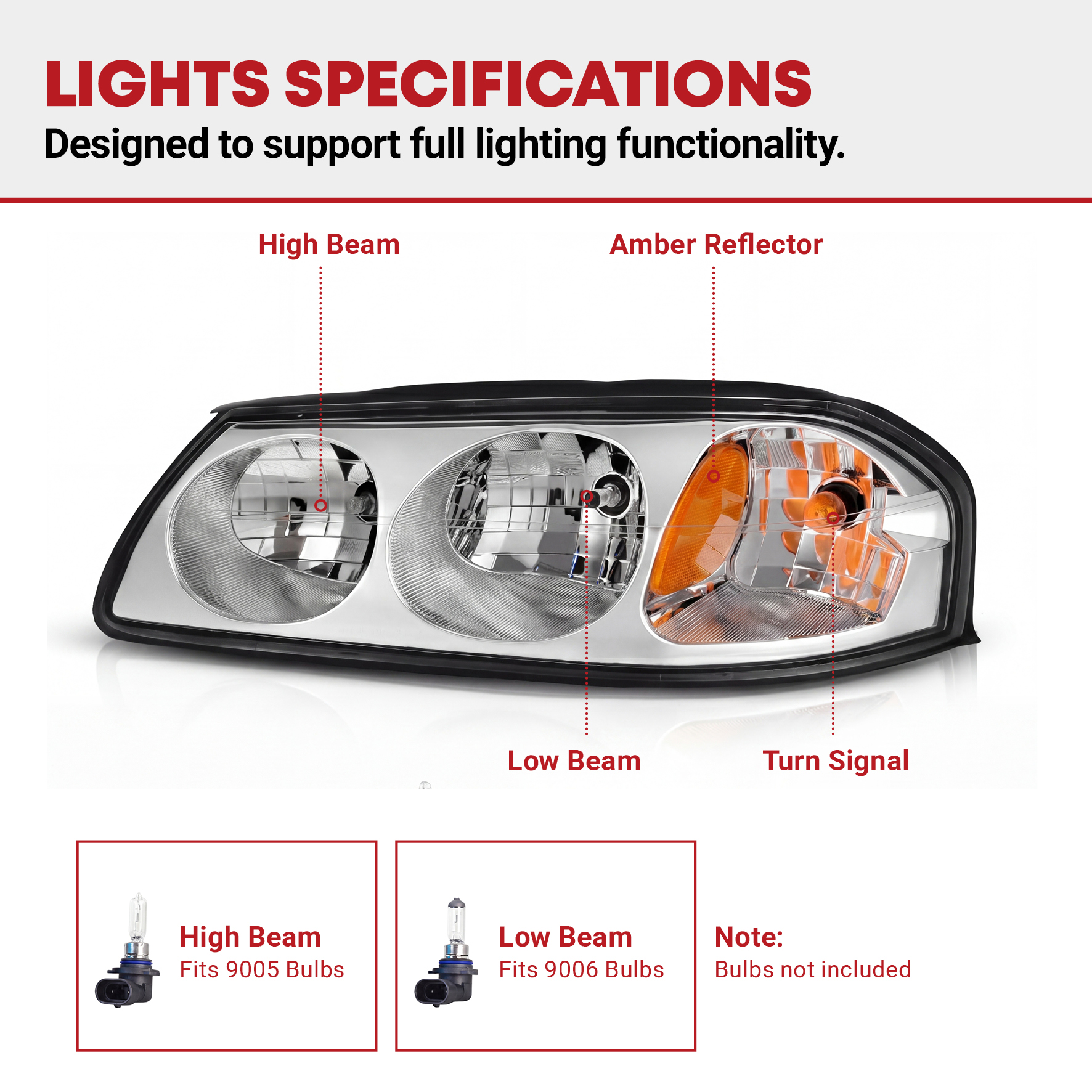 Side view of YITAMOTOR® 2000-2005 Chevy Impala Headlight Assembly OE Style Headlamps Chrome Housing Amber Reflector