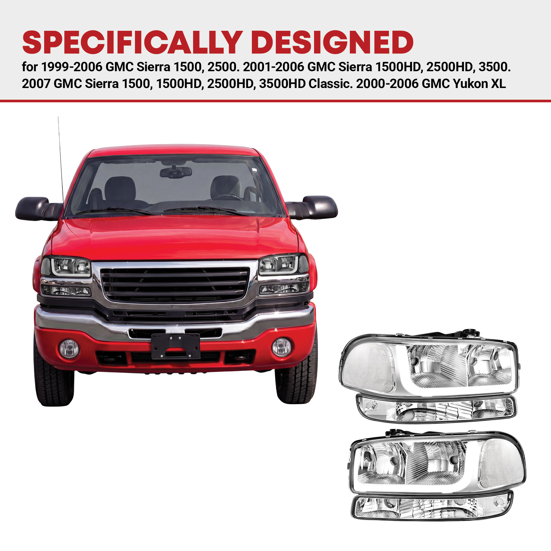 Side view of YITAMOTOR® Headlights Assembly LED DRL Compatible with 1999-2007 GMC Sierra /2001-2006 GMC Yukon XL Headlamp with Daytime Running Light Chrome Housing