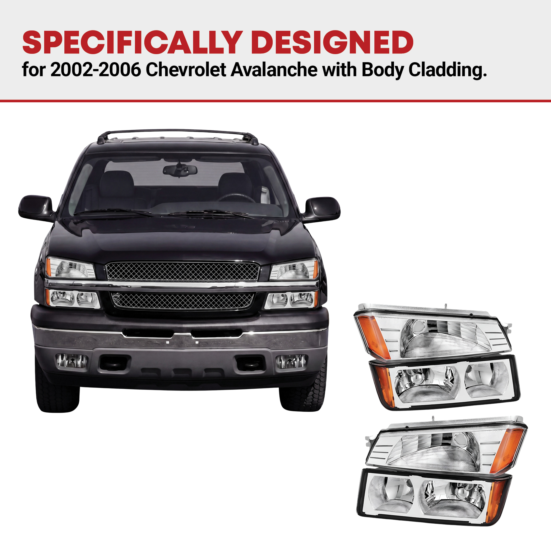 Side view of YITAMOTOR® 2002-2006 Chevy Avalanche with BODY CLADDING Chrome Headlights+Bumper Signal Lamp Headlight Assembly
