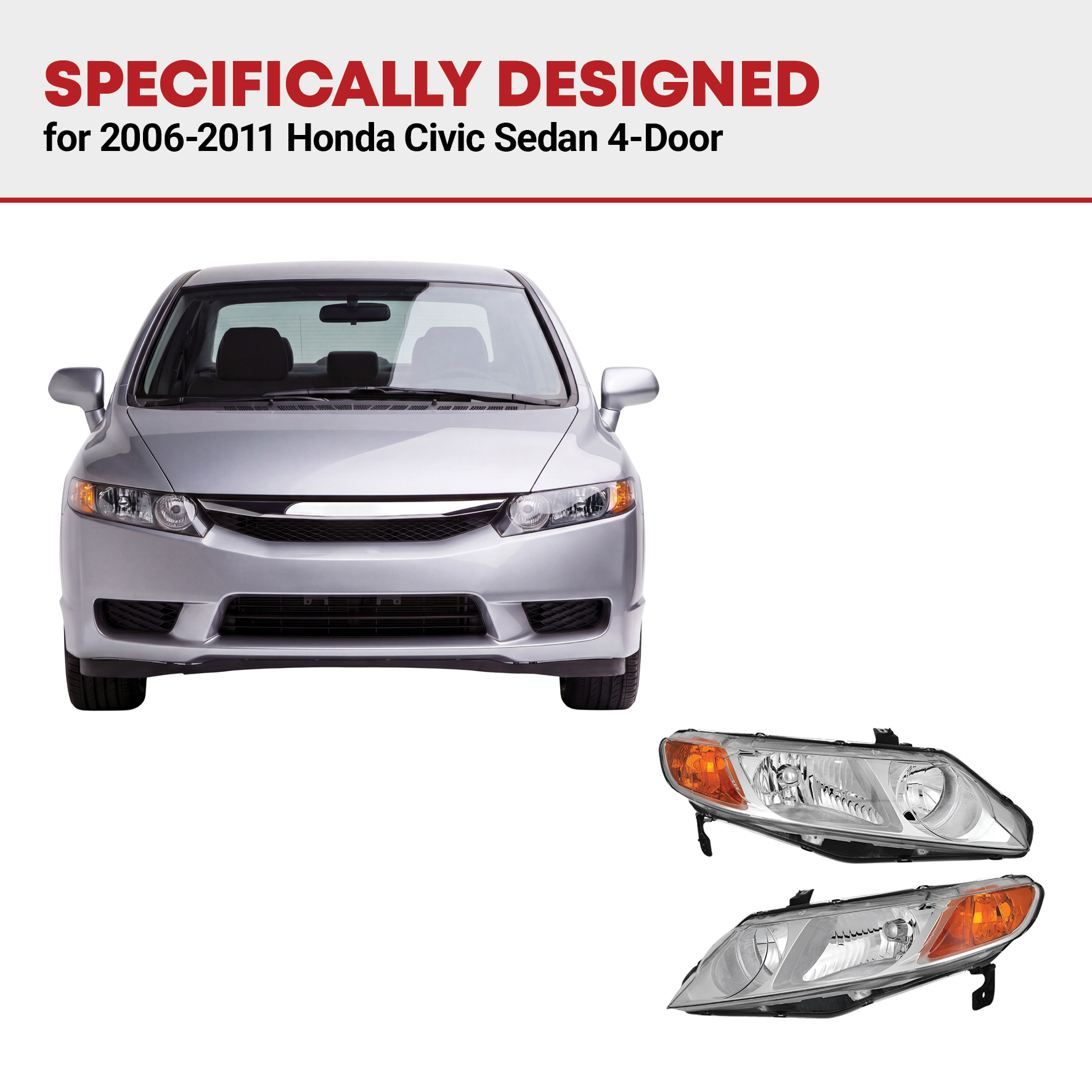 Side view of YITAMOTOR® 2006-2011 Honda Civic Sedan 4-Door Headlight Assembly Headlamp Chrome Housing Amber Reflector