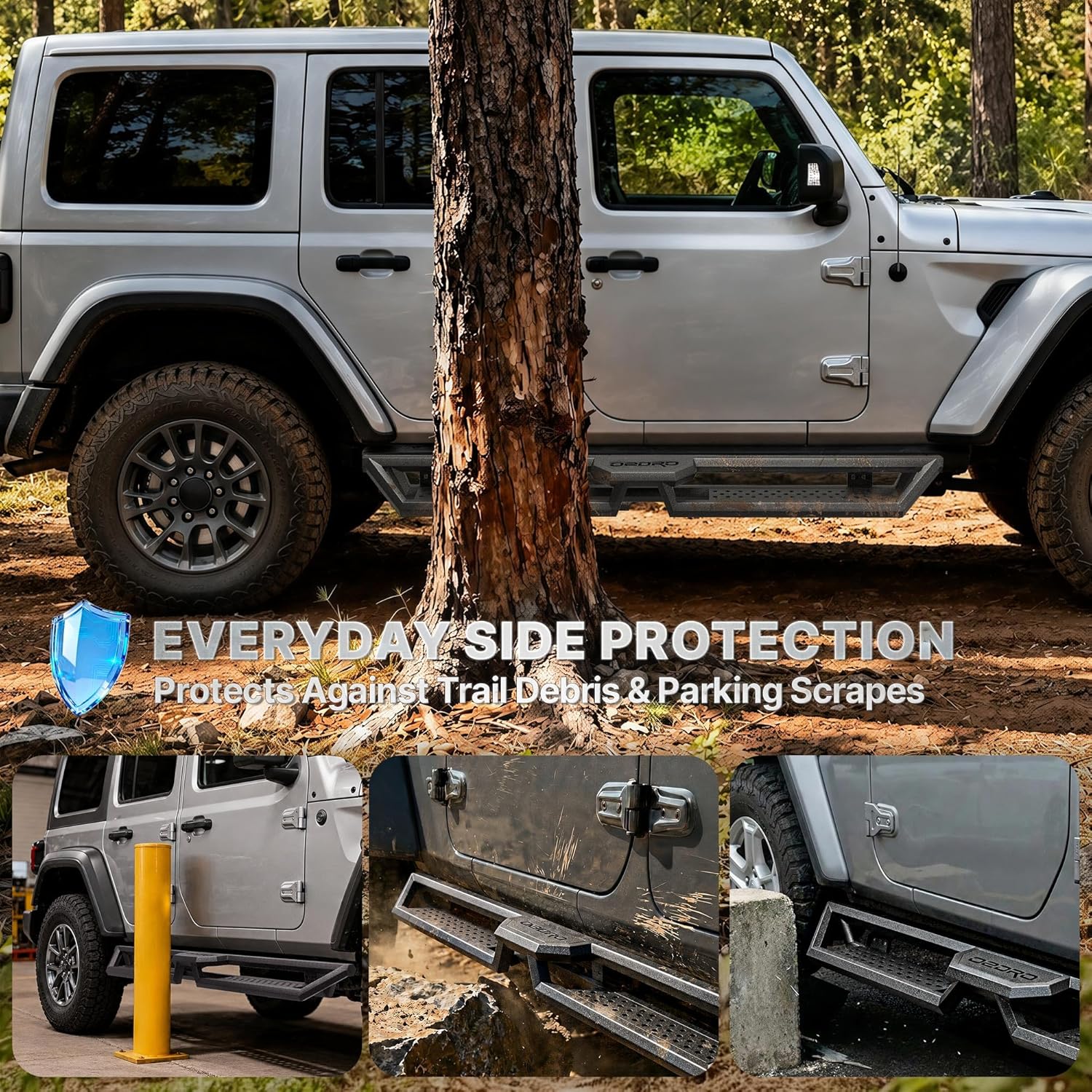 Side view of OEDRO Running Boards Compatible with 2018-2026 Jeep Wrangler JL 4 Door, 6.8" Two Stairs Side Steps Black Powder Coated Nerf Bar