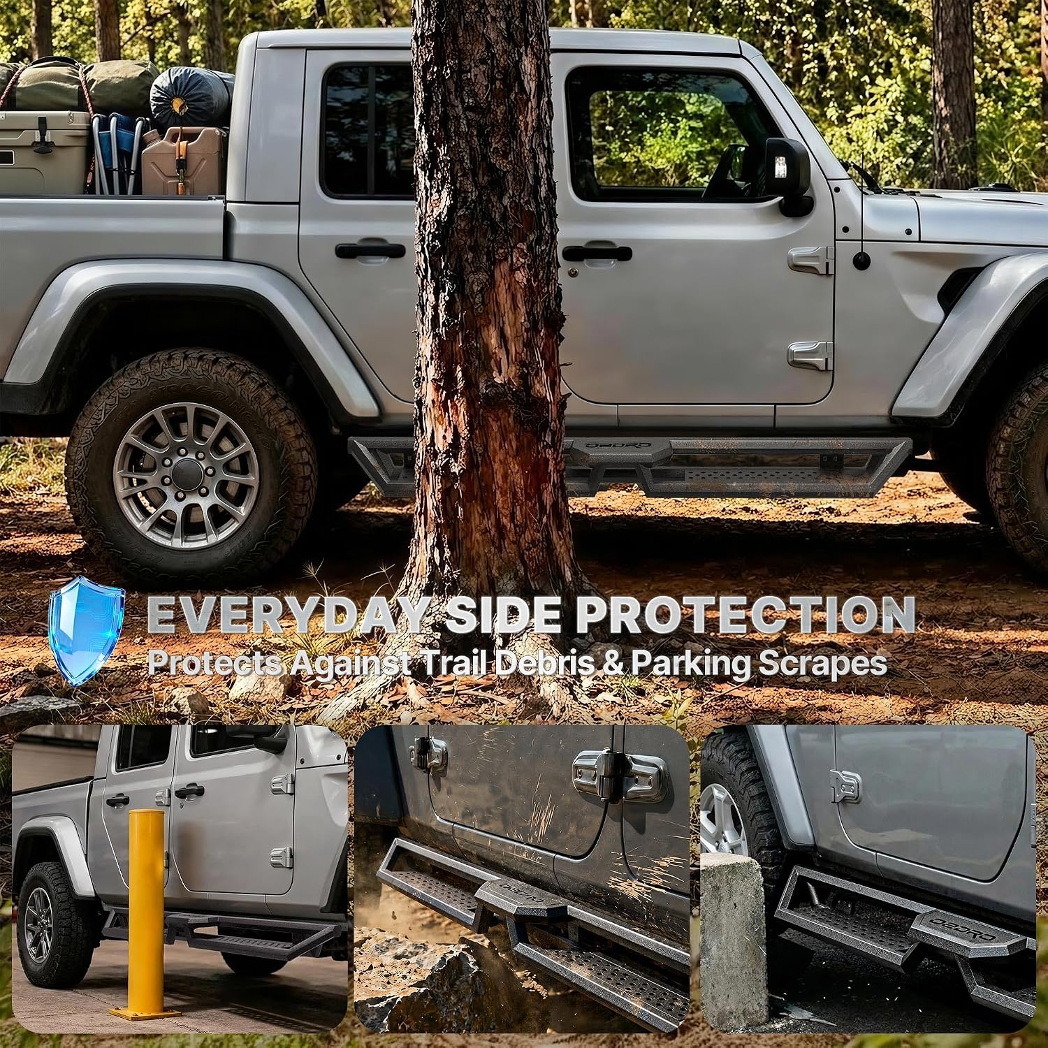 Side view of OEDRO 6.8" Two Stairs Running Boards Compatible with 2020-2026 Jeep Gladiator JT 4 Door, Bolt-On Side Steps Black Powder Coated Nerf Bar