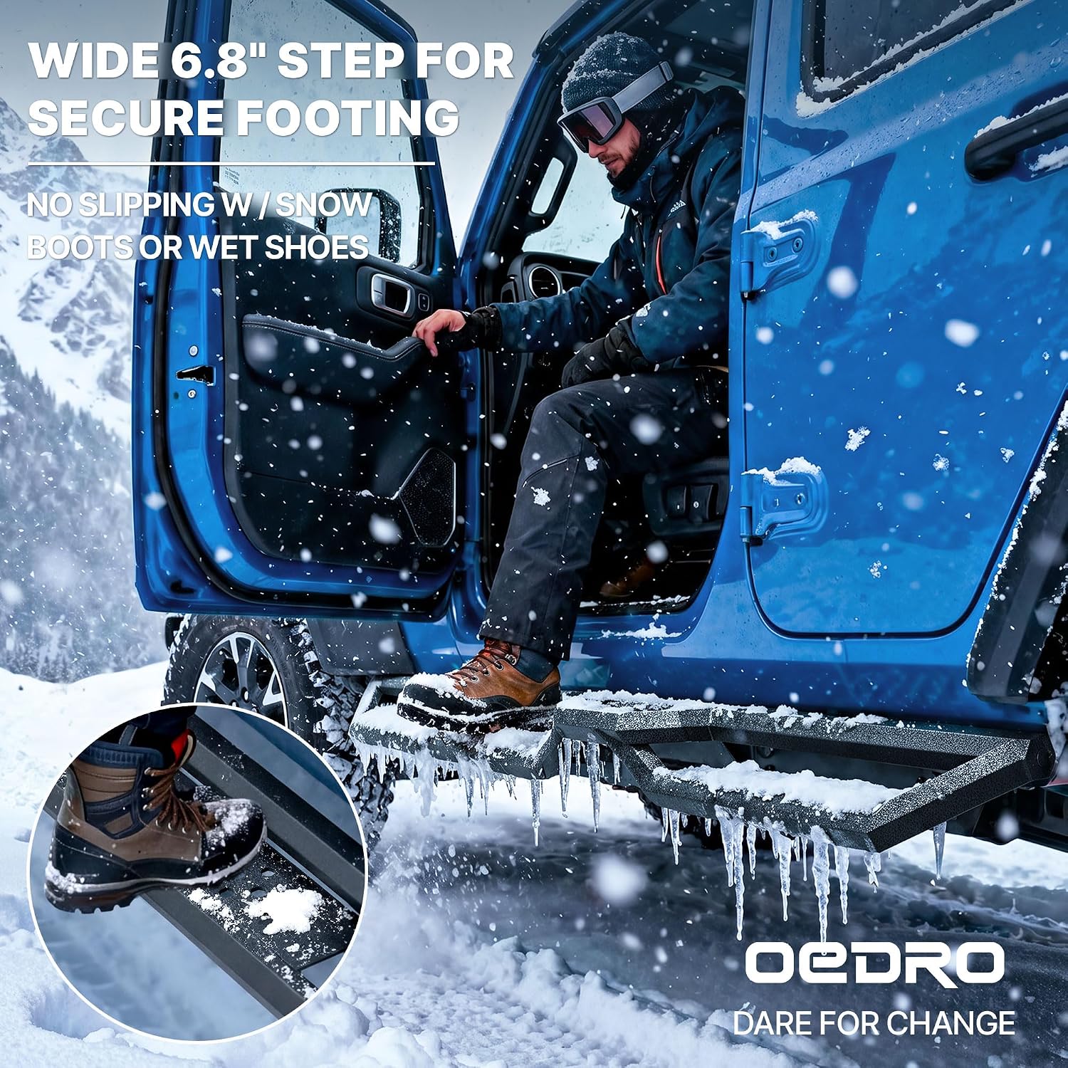 Side view of OEDRO 6.8" Two Stairs Running Boards Compatible with 2020-2026 Jeep Gladiator JT 4 Door, Bolt-On Side Steps Black Powder Coated Nerf Bar