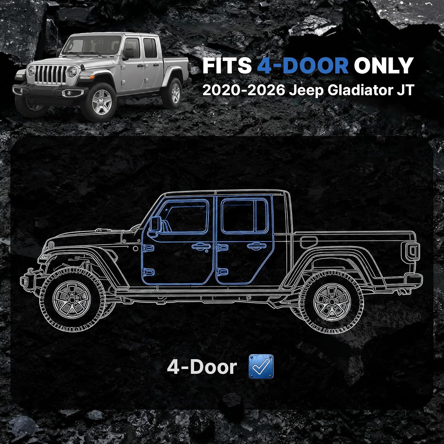 Side view of OEDRO 6.8" Two Stairs Running Boards Compatible with 2020-2026 Jeep Gladiator JT 4 Door, Bolt-On Side Steps Black Powder Coated Nerf Bar