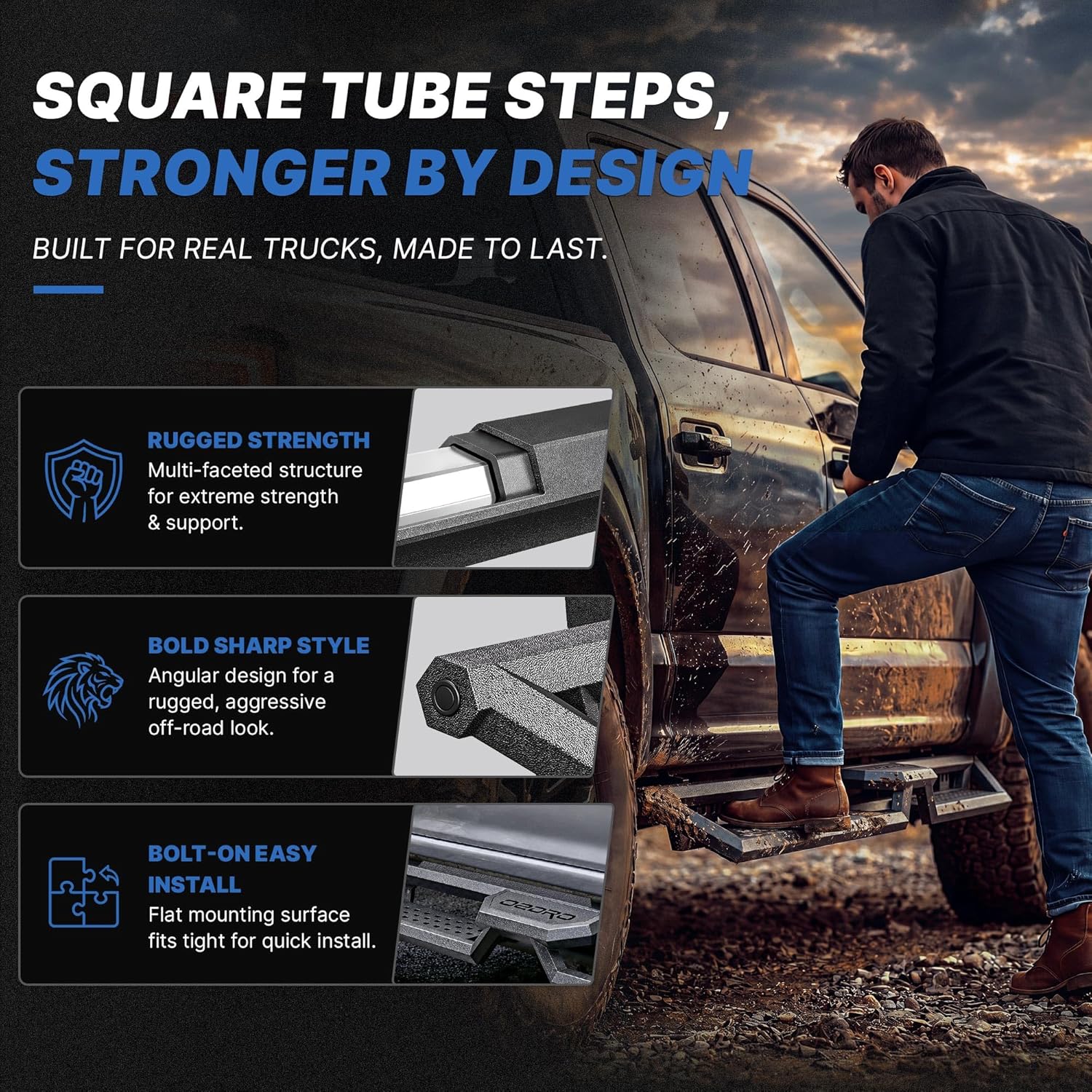 Side view of OEDRO Running Boards Compatible with 2015-2026 Ford F-150 SuperCrew Cab & 2017-2026 Ford F-250 F-350 Super Duty Crew Cab, 6.8" Two Stairs Side Steps