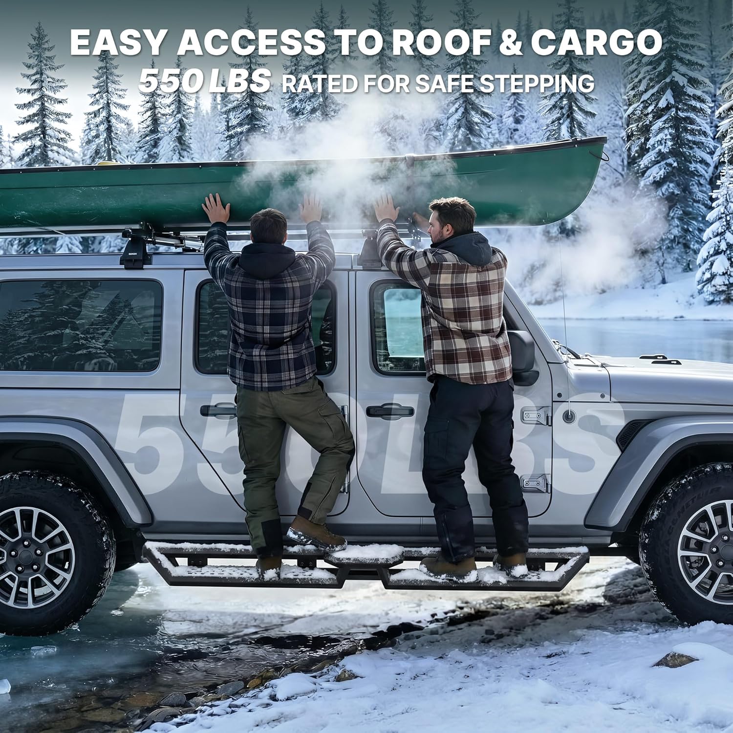Side view of OEDRO Running Boards Compatible with 2018-2026 Jeep Wrangler JL 4 Door, 6.8" Two Stairs Side Steps Black Powder Coated Nerf Bar