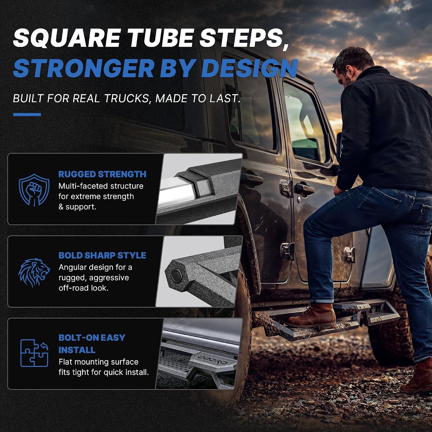 Side view of OEDRO 6.8" Two Stairs Running Boards Compatible with 2020-2026 Jeep Gladiator JT 4 Door, Bolt-On Side Steps Black Powder Coated Nerf Bar