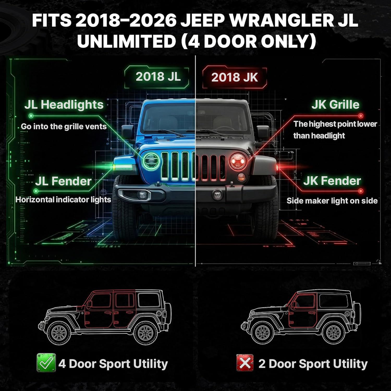 Side view of OEDRO Running Boards Compatible with 2018-2026 Jeep Wrangler JL 4 Door, 6.8" Two Stairs Side Steps Black Powder Coated Nerf Bar