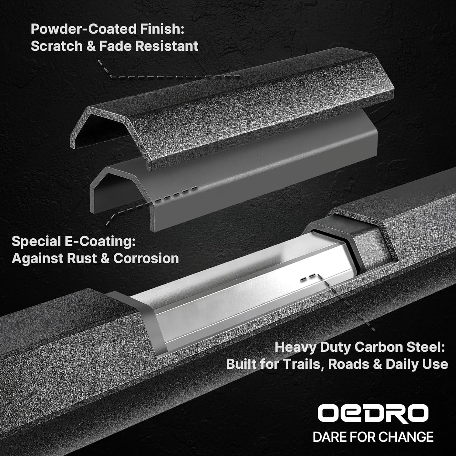 Side view of OEDRO Running Boards Compatible with 2018-2026 Jeep Wrangler JL 4 Door, 6.8" Two Stairs Side Steps Black Powder Coated Nerf Bar