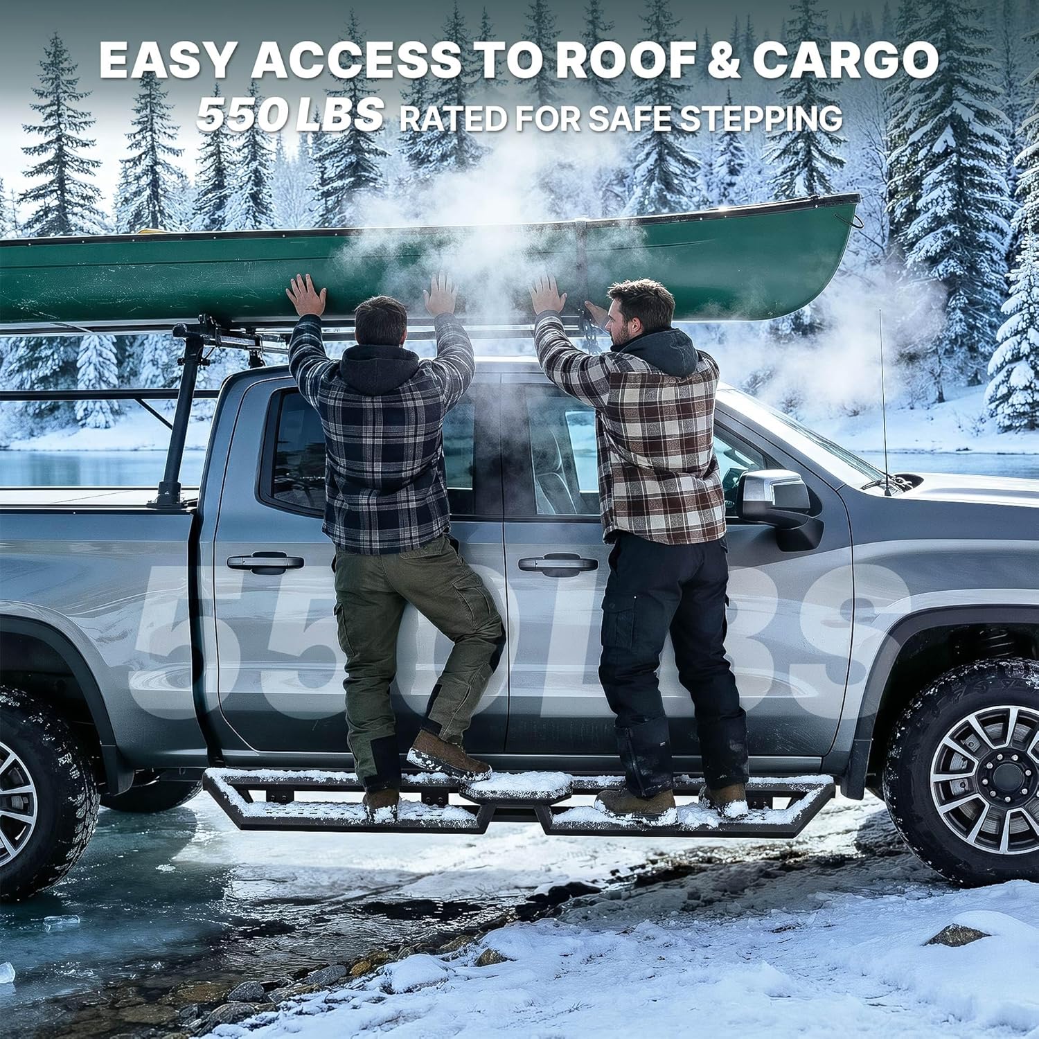 Side view of OEDRO Running Boards Compatible with 2015-2026 Ford F-150 SuperCrew Cab & 2017-2026 Ford F-250 F-350 Super Duty Crew Cab, 6.8" Two Stairs Side Steps