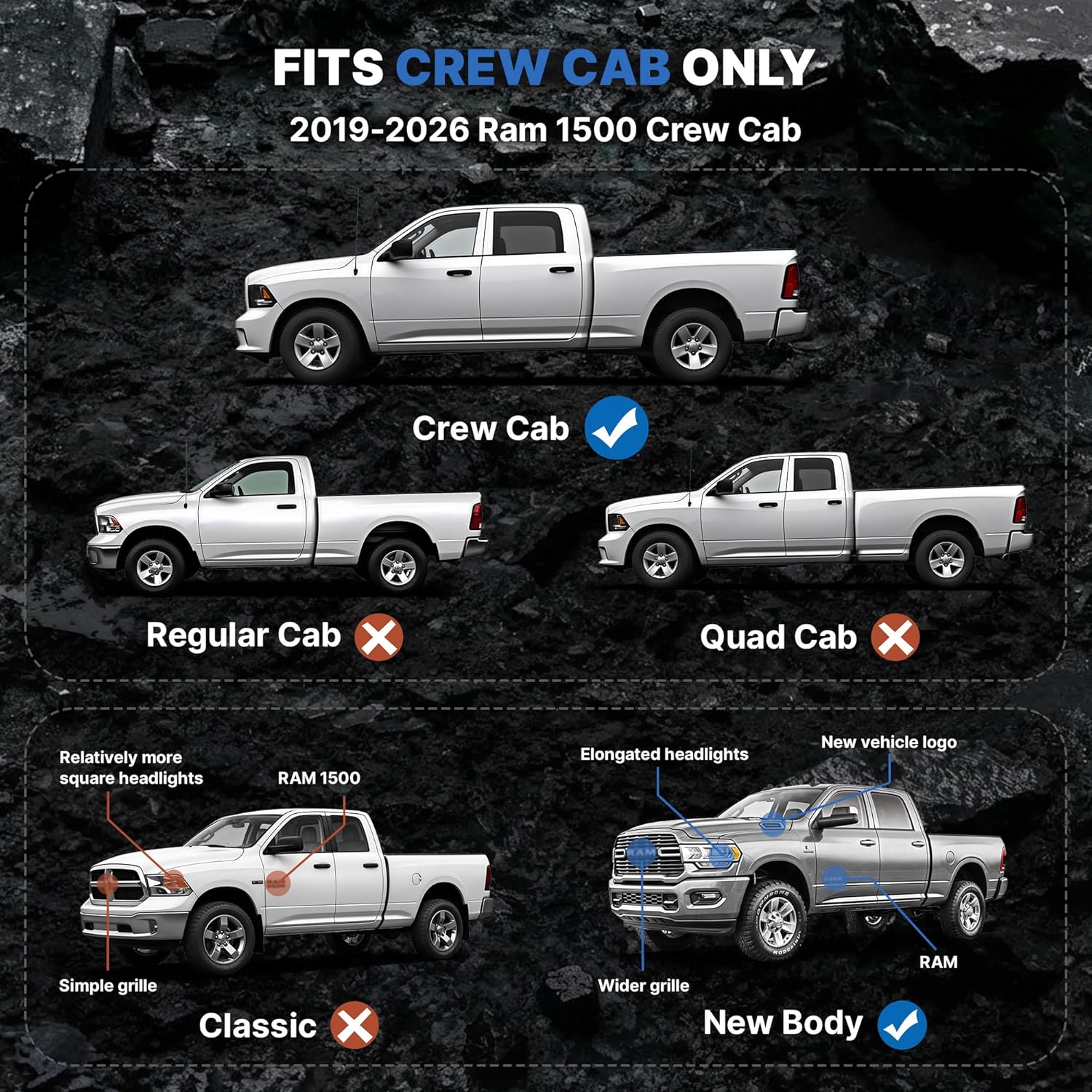 Side view of OEDRO 6.8" Two Stairs Running Boards Compatible with 2019-2026 RAM 1500 Crew Cab, Two Raised Drop Step Side Steps, Bolt-on Heavy-Duty Carbon Steel Bar
