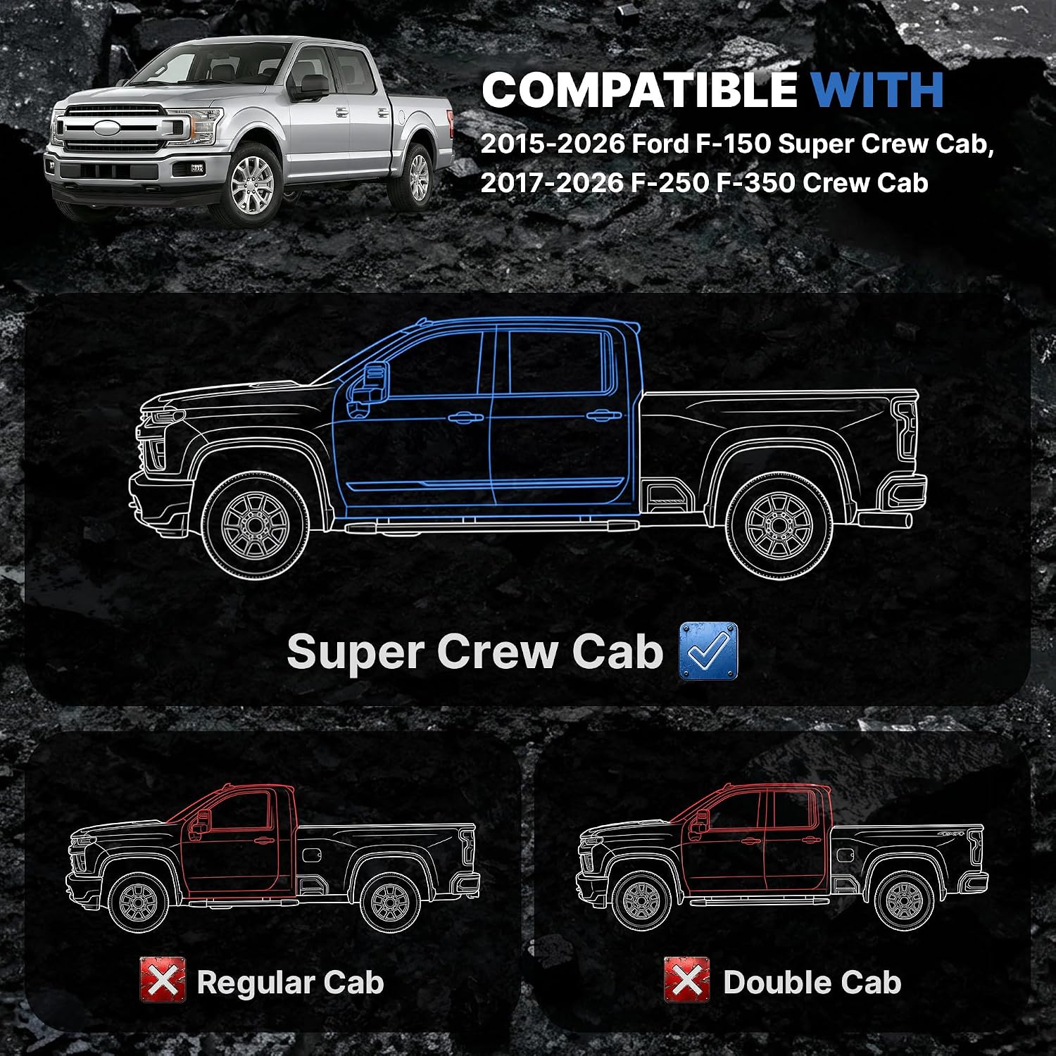Side view of OEDRO Running Boards Compatible with 2015-2026 Ford F-150 SuperCrew Cab & 2017-2026 Ford F-250 F-350 Super Duty Crew Cab, 6.8" Two Stairs Side Steps