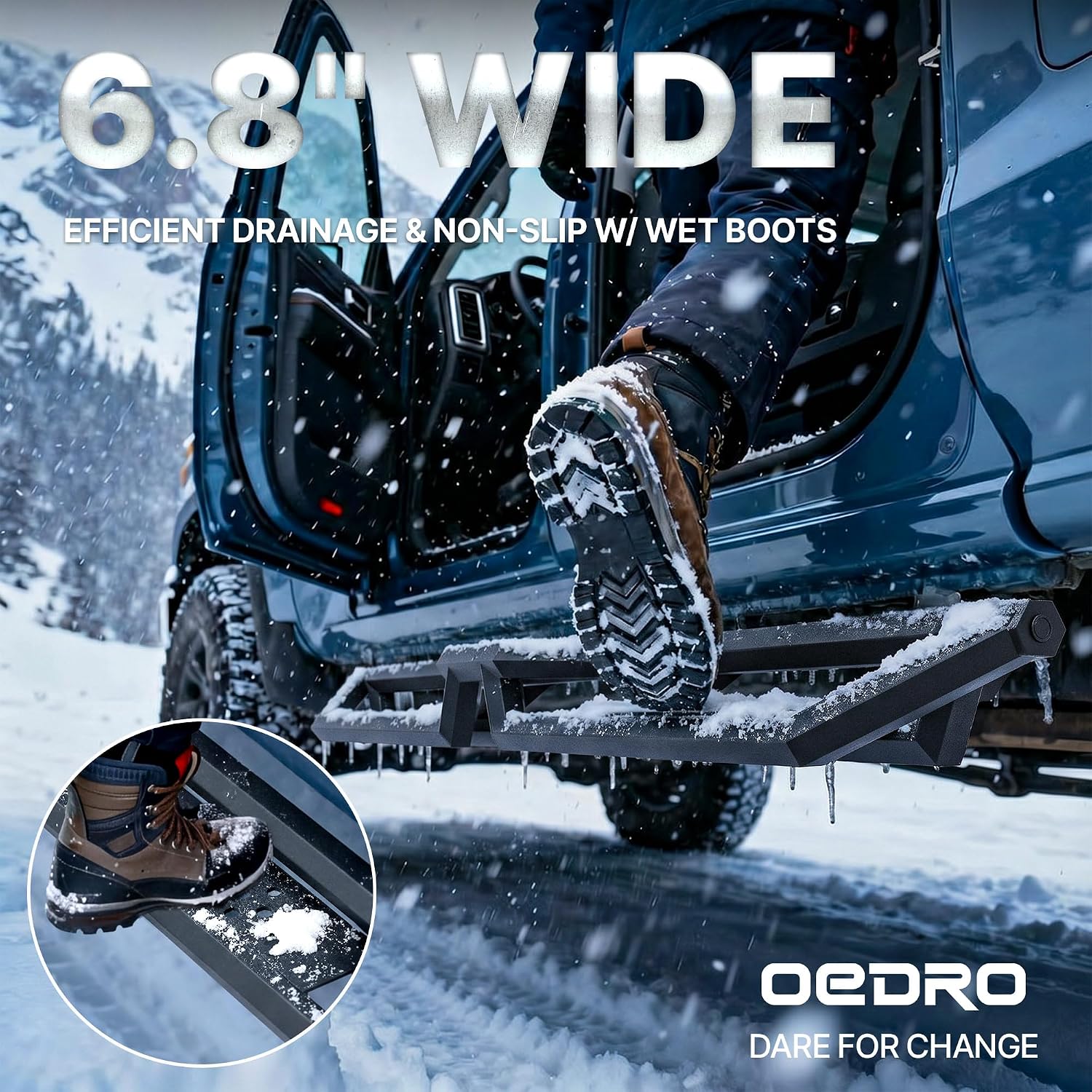 Side view of OEDRO 6.8" Two Stairs Running Boards Compatible with 2019-2026 RAM 1500 Crew Cab, Two Raised Drop Step Side Steps, Bolt-on Heavy-Duty Carbon Steel Bar