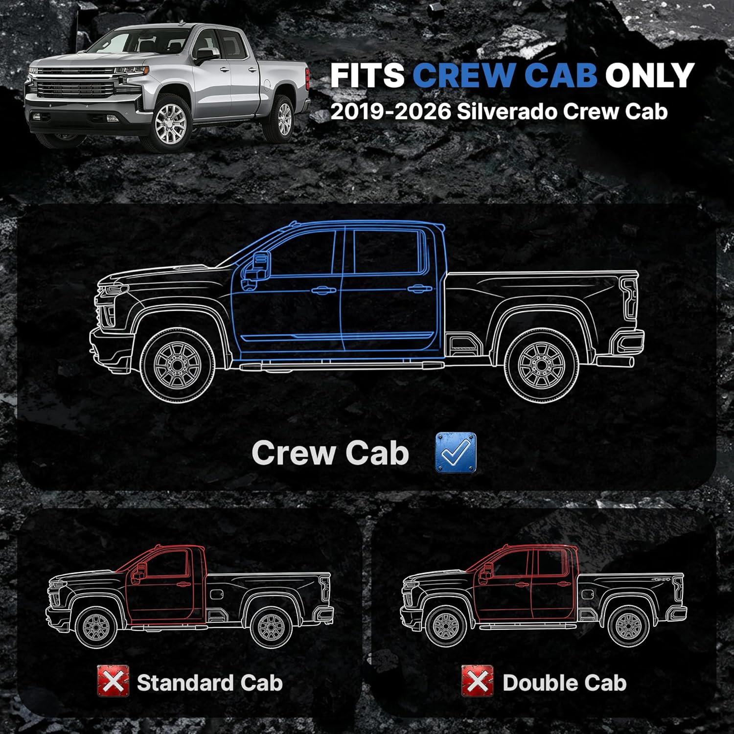 Side view of OEDRO 6.8" Two Stairs Running Boards Fits to 2019-2026 Chevy Silverado/GMC Sierra 1500 Crew Cab, 2020-2026 Silverado/Sierra 2500HD 3500HD Crew Cab
