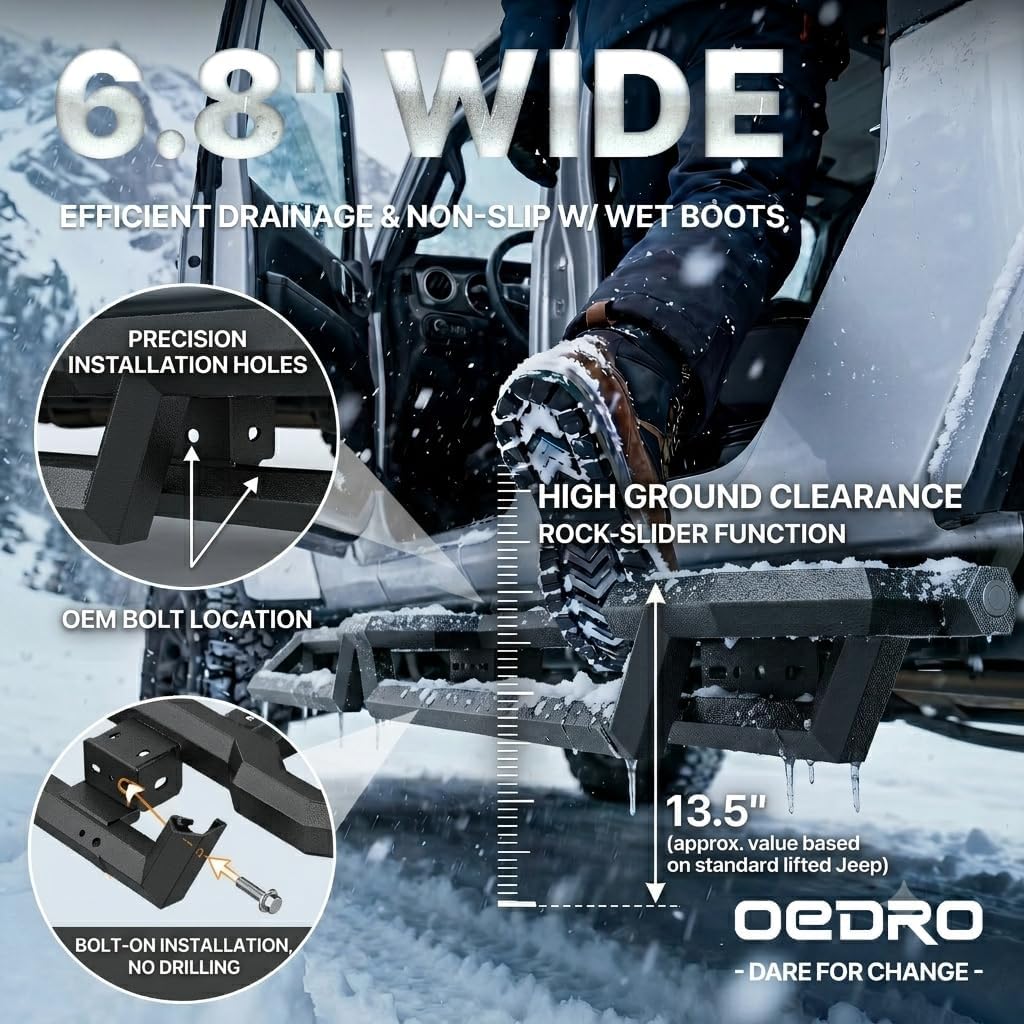 Side view of OEDRO Bed Access Running Boards Fits 2018-2026 Jeep Wrangler JL 4 Doors | 6.8" Two Raised Side Steps | Bolt-On Heavy Duty Step Bars