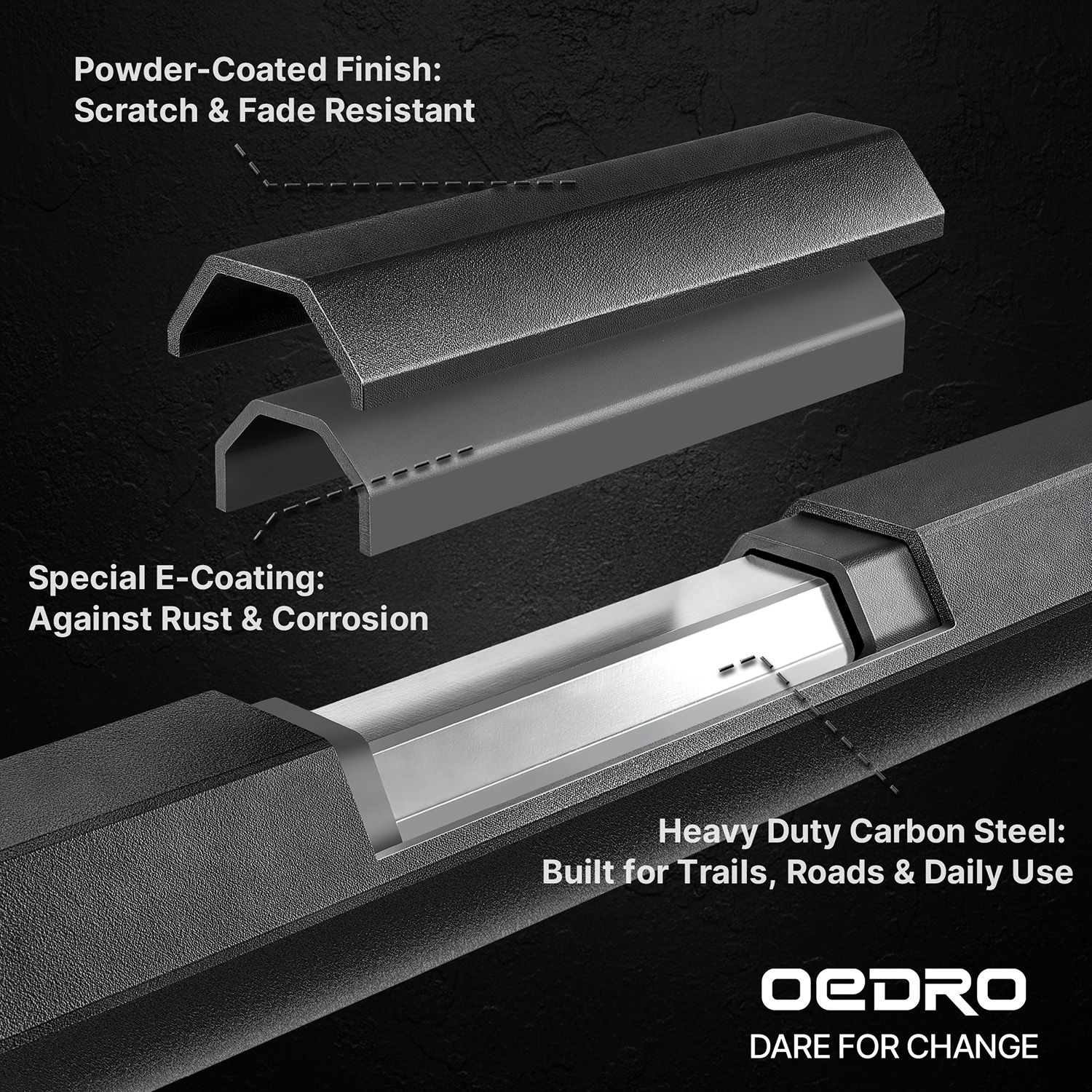 Side view of OEDRO 3-Step Running Boards Compatible with 2018-2026 Jeep Wrangler JL 4 Door, Heavy Duty Carbon Steel Nerf Bars with Drop Steps, Off-Road Rock Slider