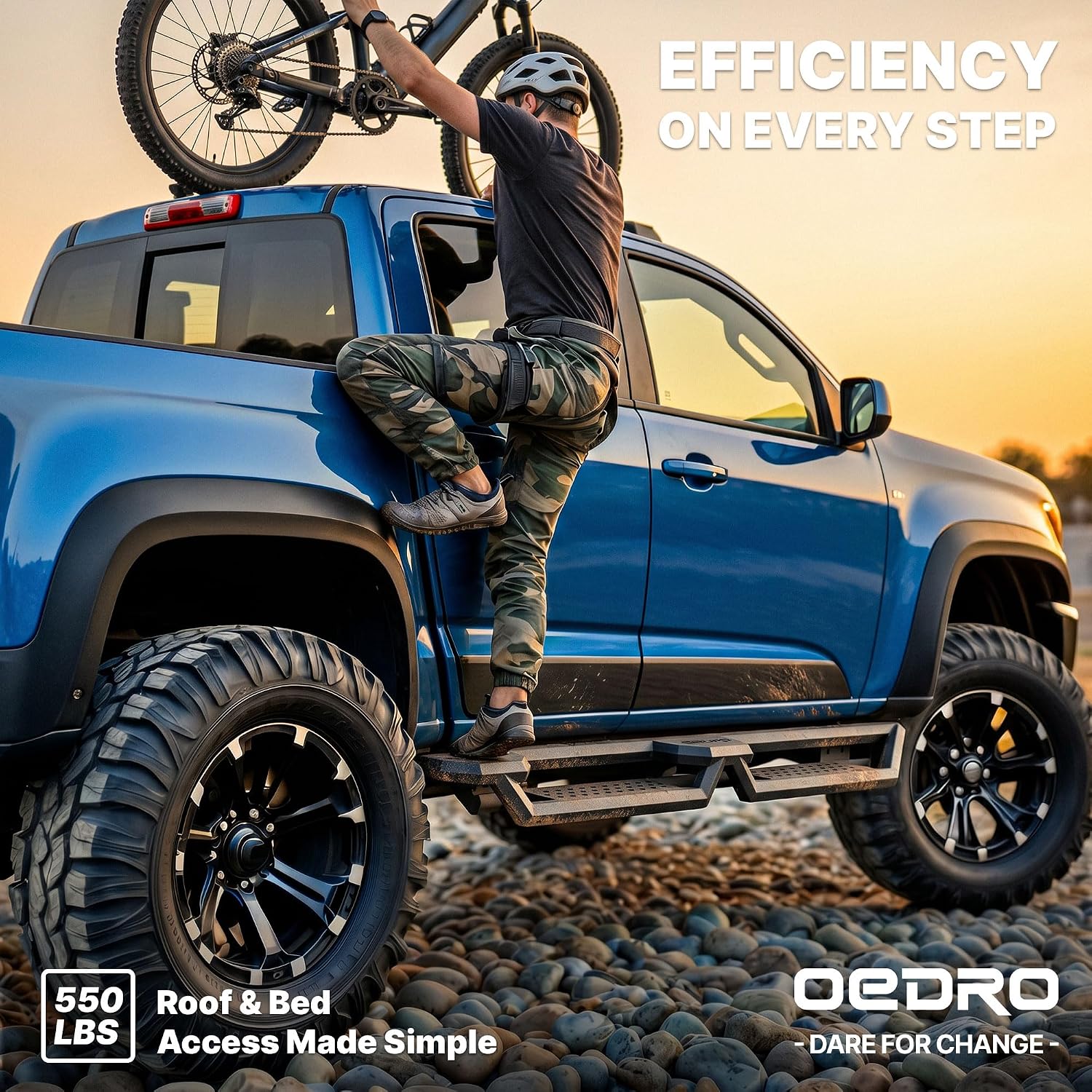 Side view of OEDRO 6.8 inches Running Boards Compatible with 2019-2026 Chevy Silverado/GMC Sierra 1500, 2020-2026 2500HD 3500HD Crew Cab, Bed Access Side Steps
