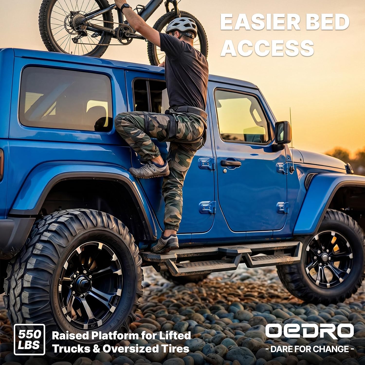 Side view of OEDRO Bed Access Running Boards Fits 2018-2026 Jeep Wrangler JL 4 Doors | 6.8" Two Raised Side Steps | Bolt-On Heavy Duty Step Bars