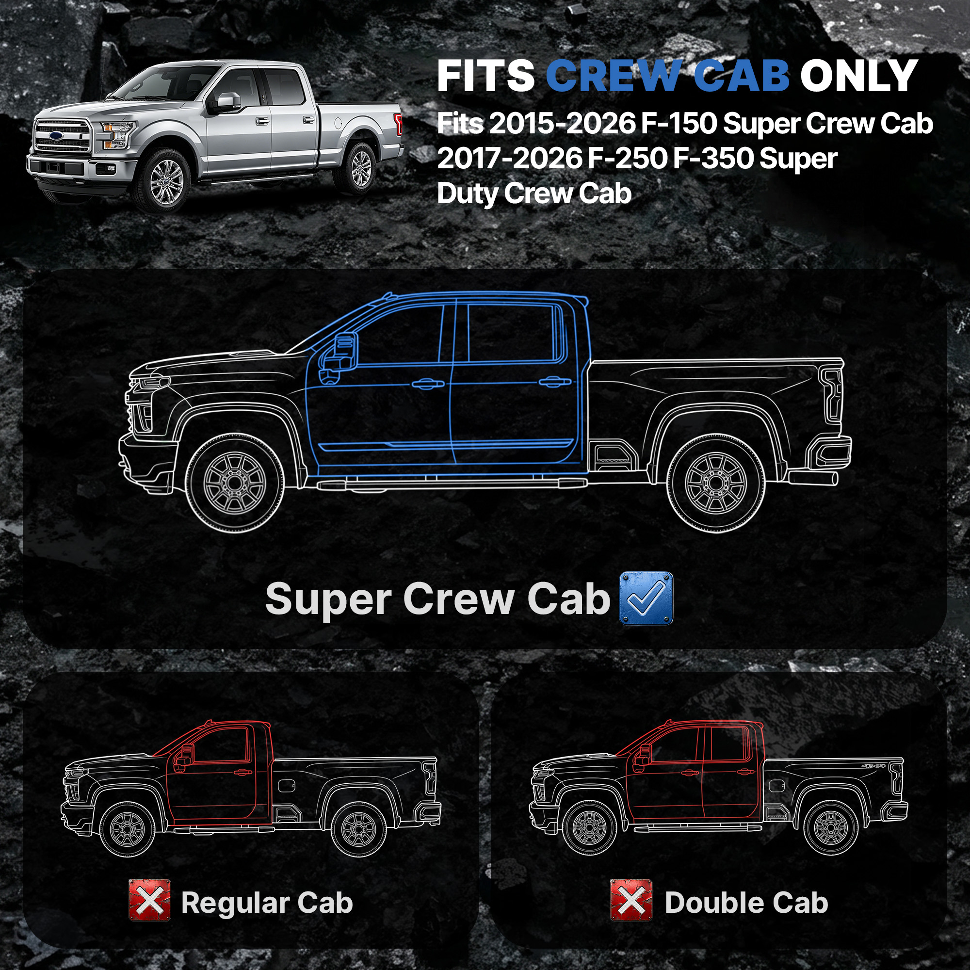 Side view of OEDRO Running Boards Fit 2015-2026 Ford F150 SuperCrew, 2017-2026 F250 F350 Crew Cab, 6.8" Drop Step Nerf Bars Carbon Steel Side Steps