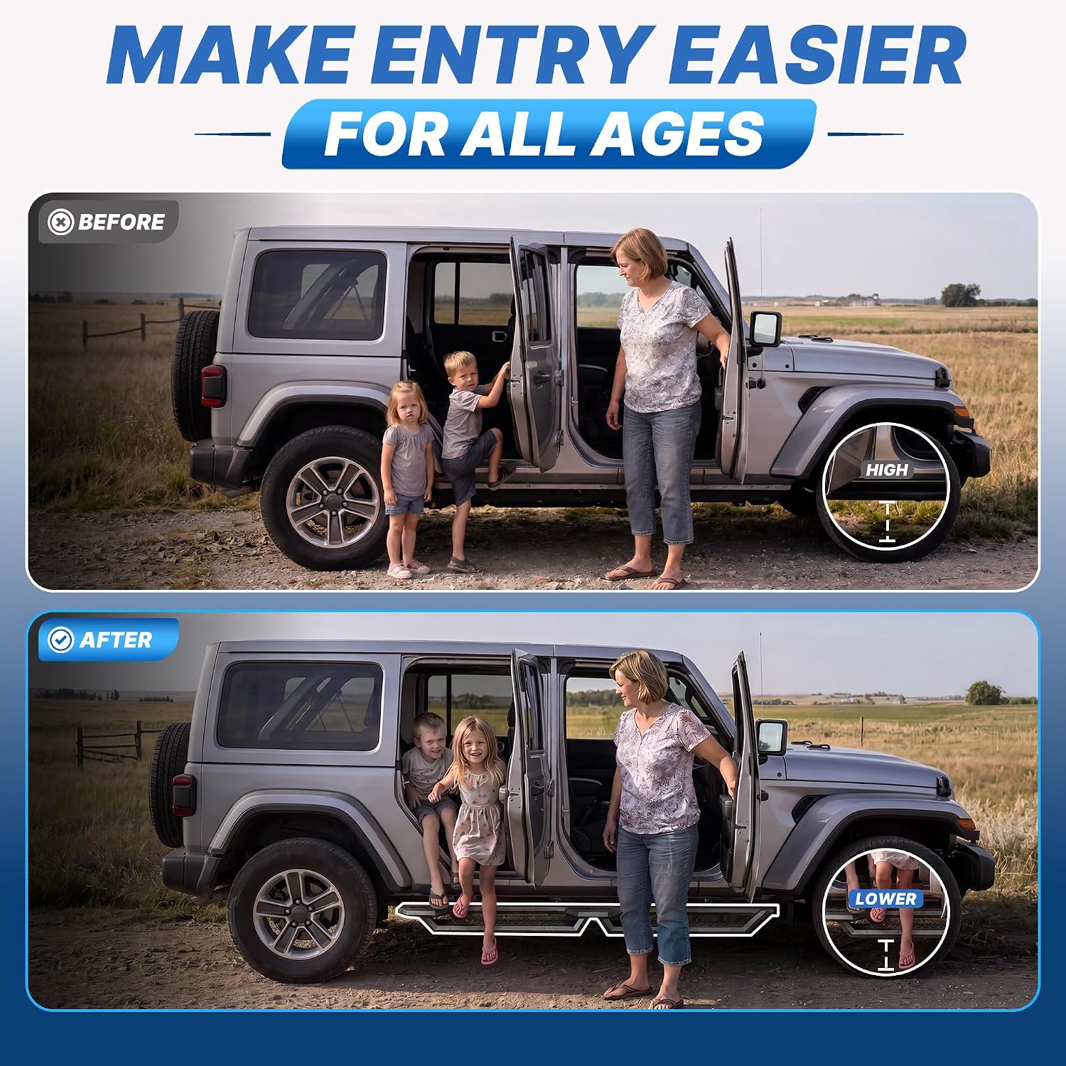 Side view of OEDRO Bed Access Running Boards Fits 2018-2026 Jeep Wrangler JL 4 Doors | 6.8" Two Raised Side Steps | Bolt-On Heavy Duty Step Bars