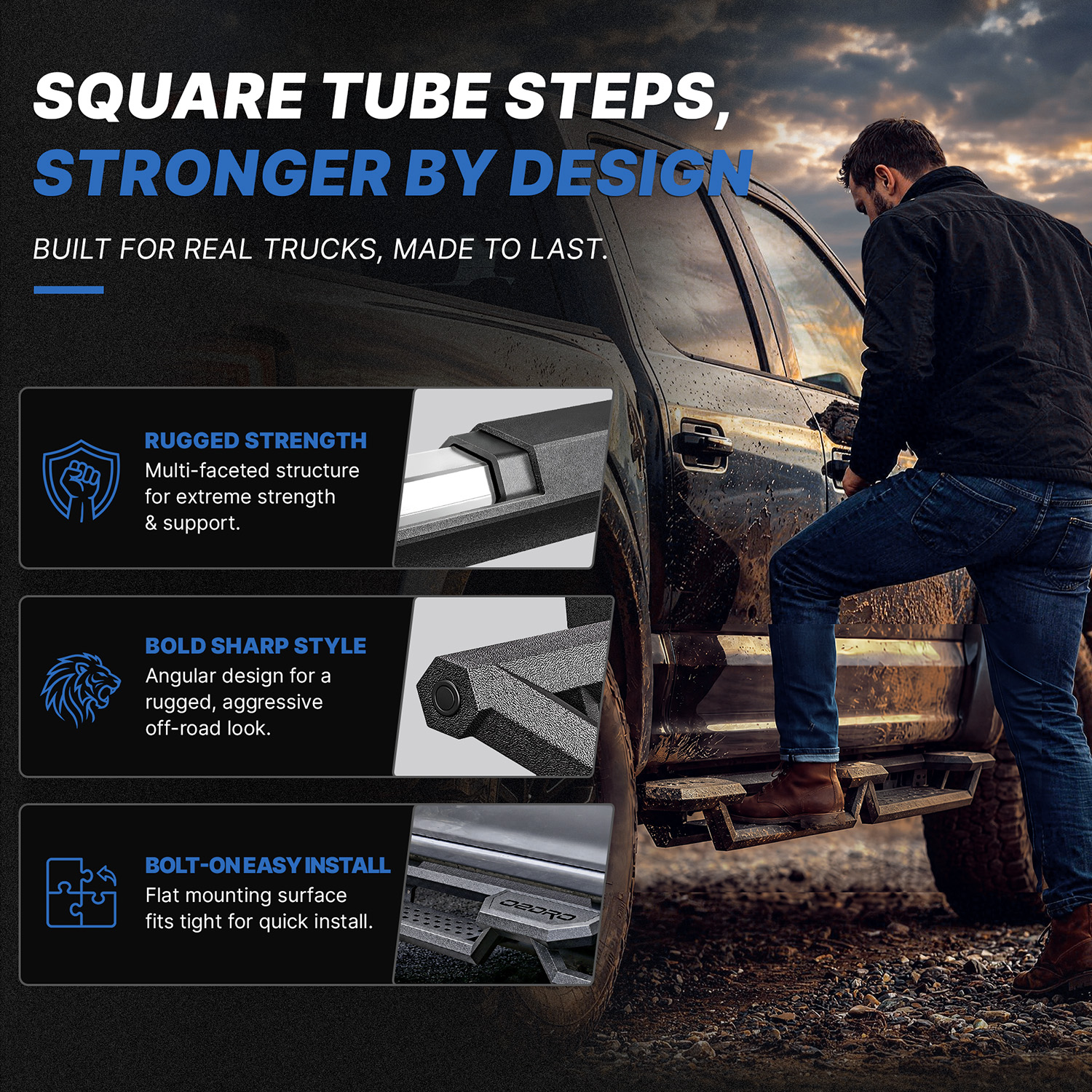 Side view of OEDRO Running Boards Fit 2015-2026 Ford F150 SuperCrew, 2017-2026 F250 F350 Crew Cab, 6.8" Drop Step Nerf Bars Carbon Steel Side Steps