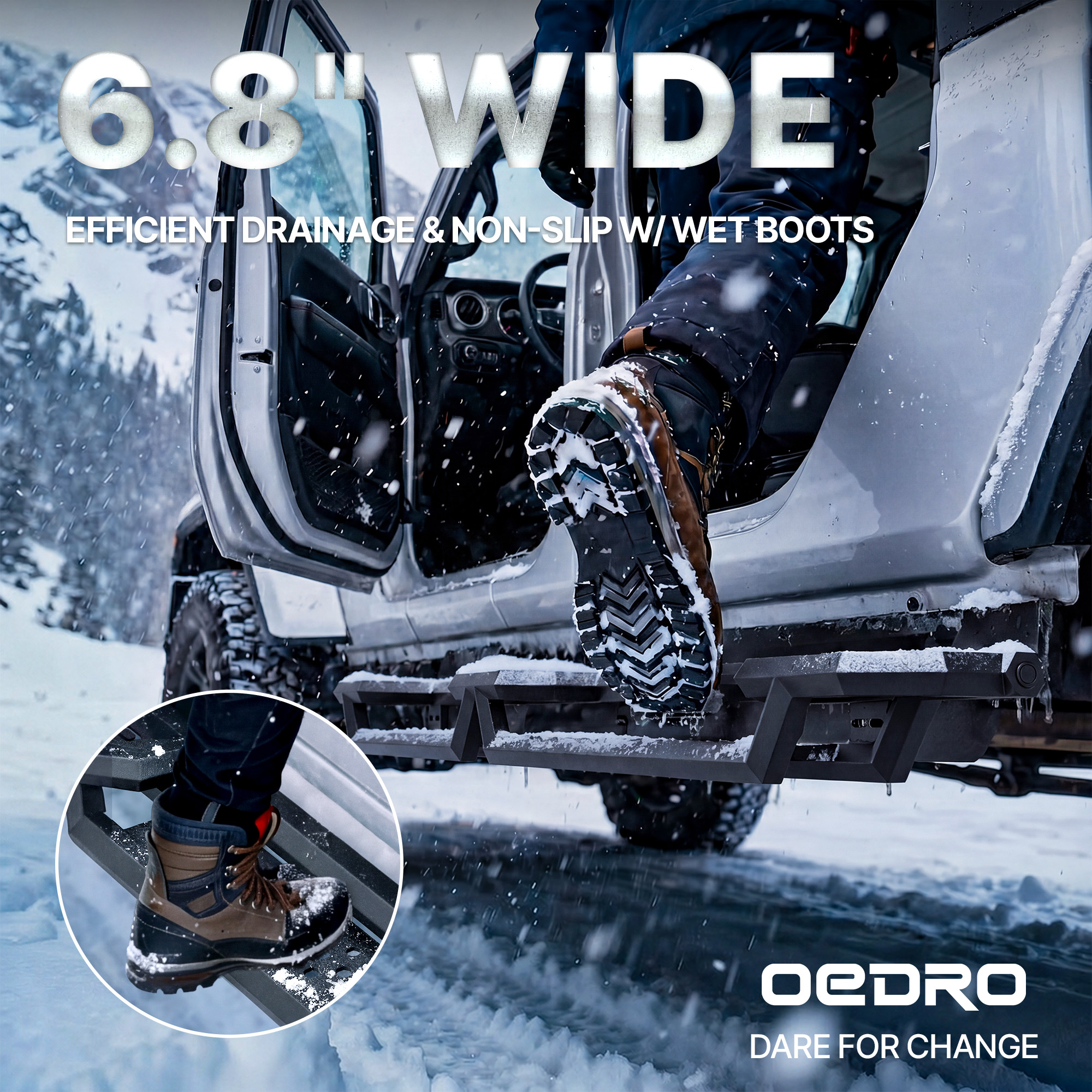 Side view of OEDRO 3-Step Running Boards Compatible with 2018-2026 Jeep Wrangler JL 4 Door, Heavy Duty Carbon Steel Nerf Bars with Drop Steps, Off-Road Rock Slider