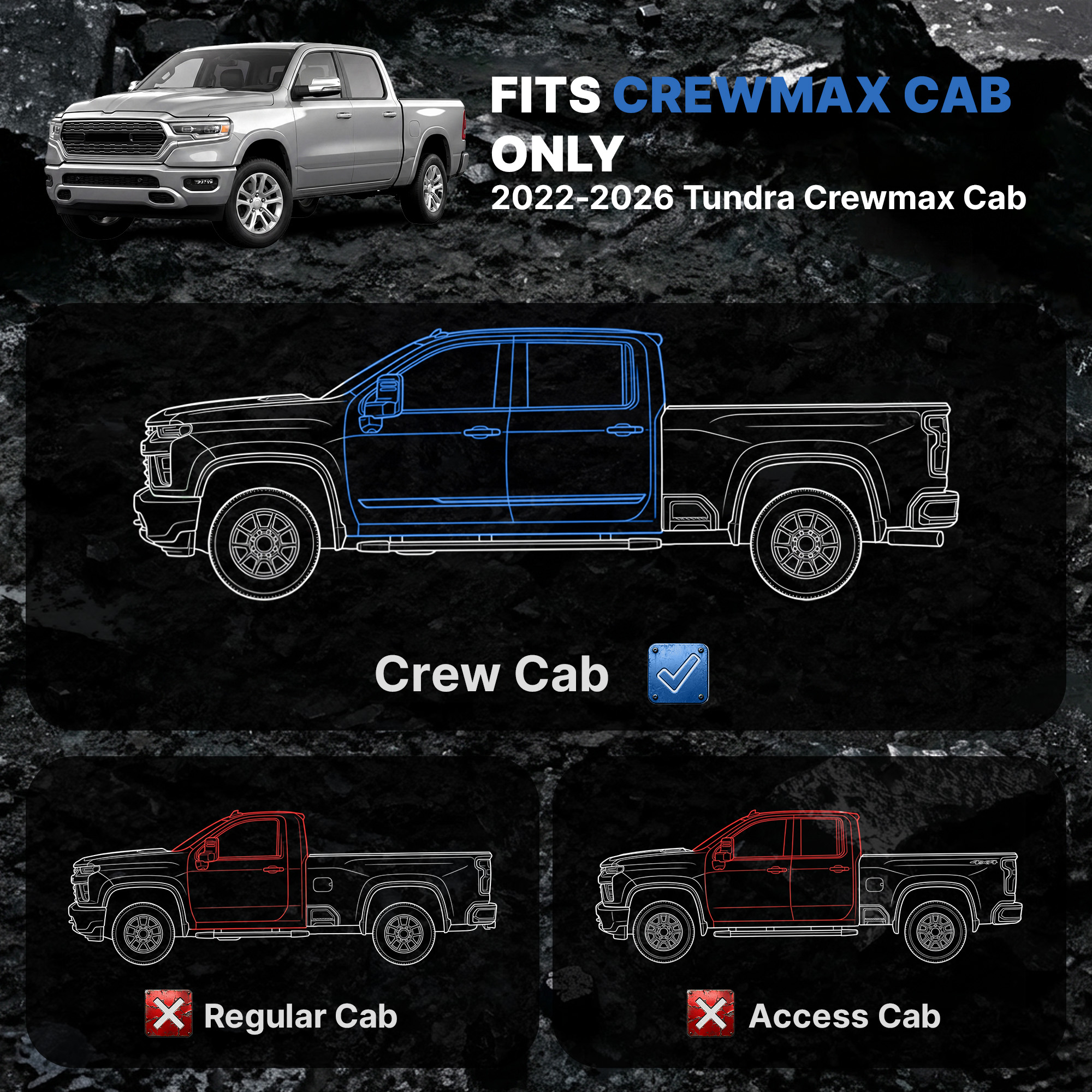 Side view of OEDRO 3-Step Running Boards Compatible with 2022-2026 Toyota Tundra CrewMax Cab, Heavy Duty Carbon Steel Nerf Bars with Drop Steps, 6.8" Wide Side Ste