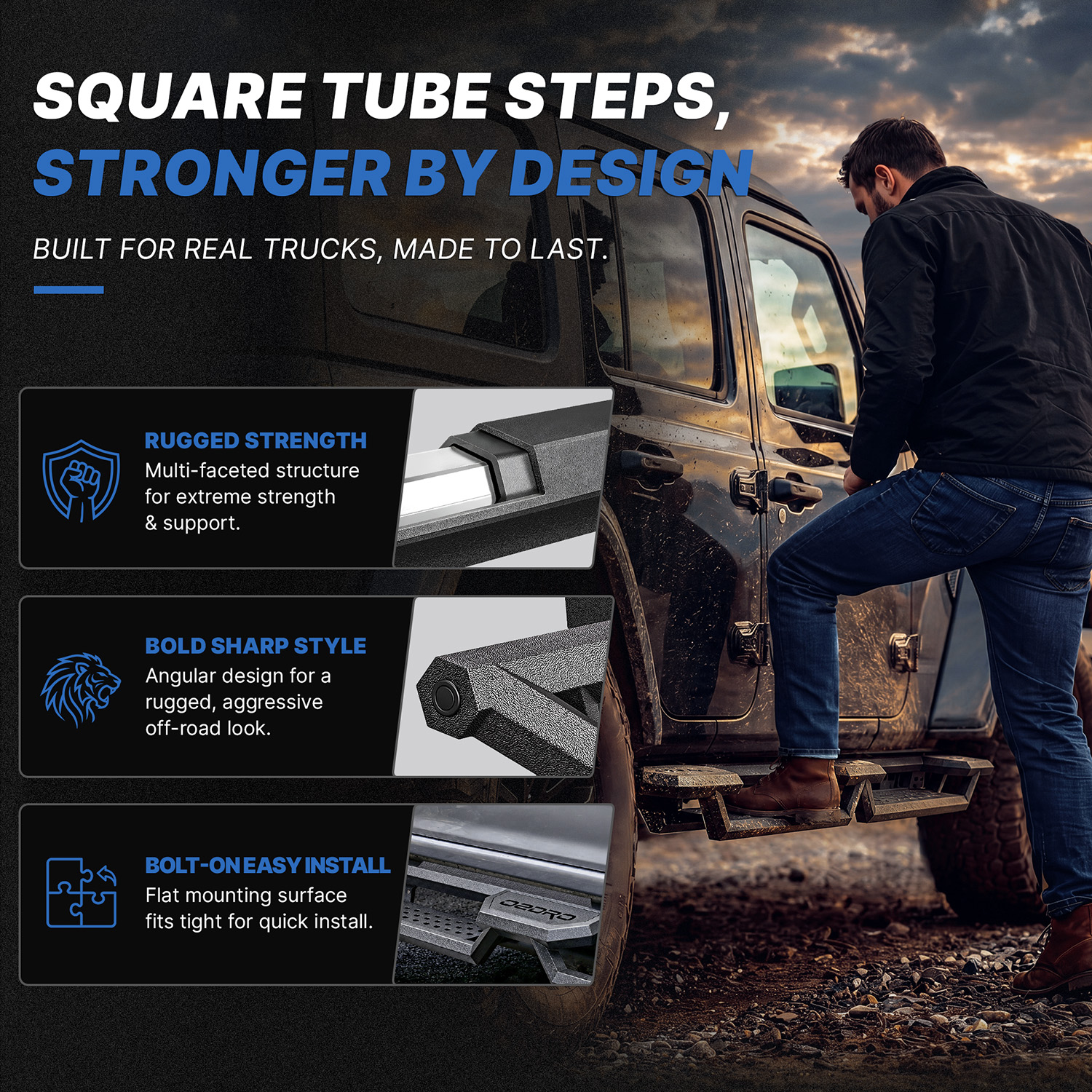Side view of OEDRO 3-Step Running Boards Compatible with 2018-2026 Jeep Wrangler JL 4 Door, Heavy Duty Carbon Steel Nerf Bars with Drop Steps, Off-Road Rock Slider