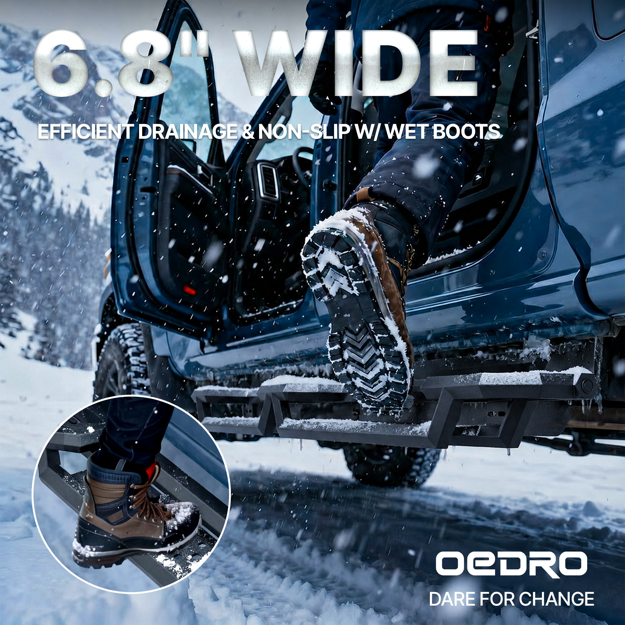 Side view of OEDRO 3-Step Running Boards Compatible with 2022-2026 Toyota Tundra CrewMax Cab, Heavy Duty Carbon Steel Nerf Bars with Drop Steps, 6.8" Wide Side Ste