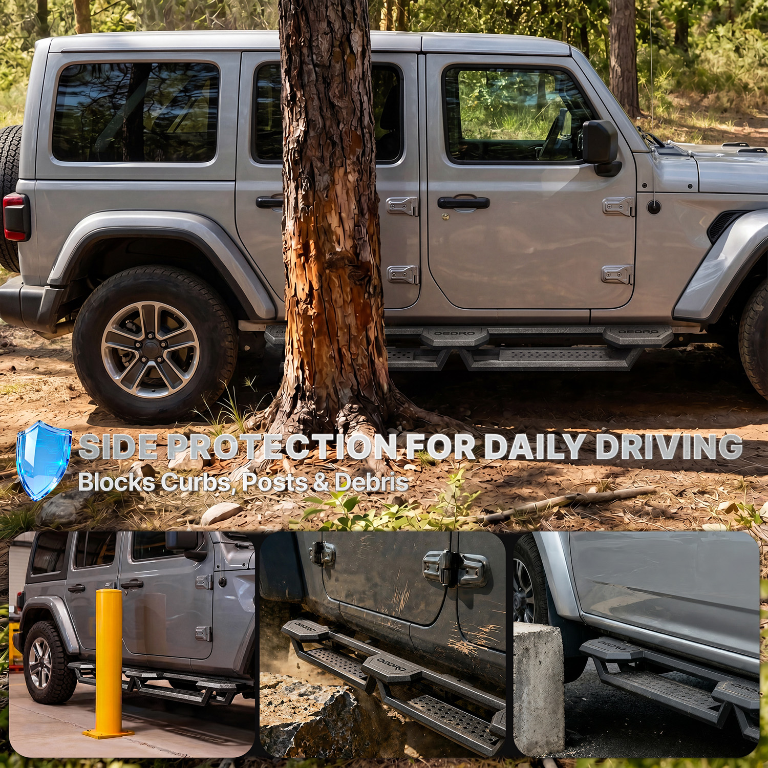 Side view of OEDRO 3-Step Running Boards Compatible with 2018-2026 Jeep Wrangler JL 4 Door, Heavy Duty Carbon Steel Nerf Bars with Drop Steps, Off-Road Rock Slider