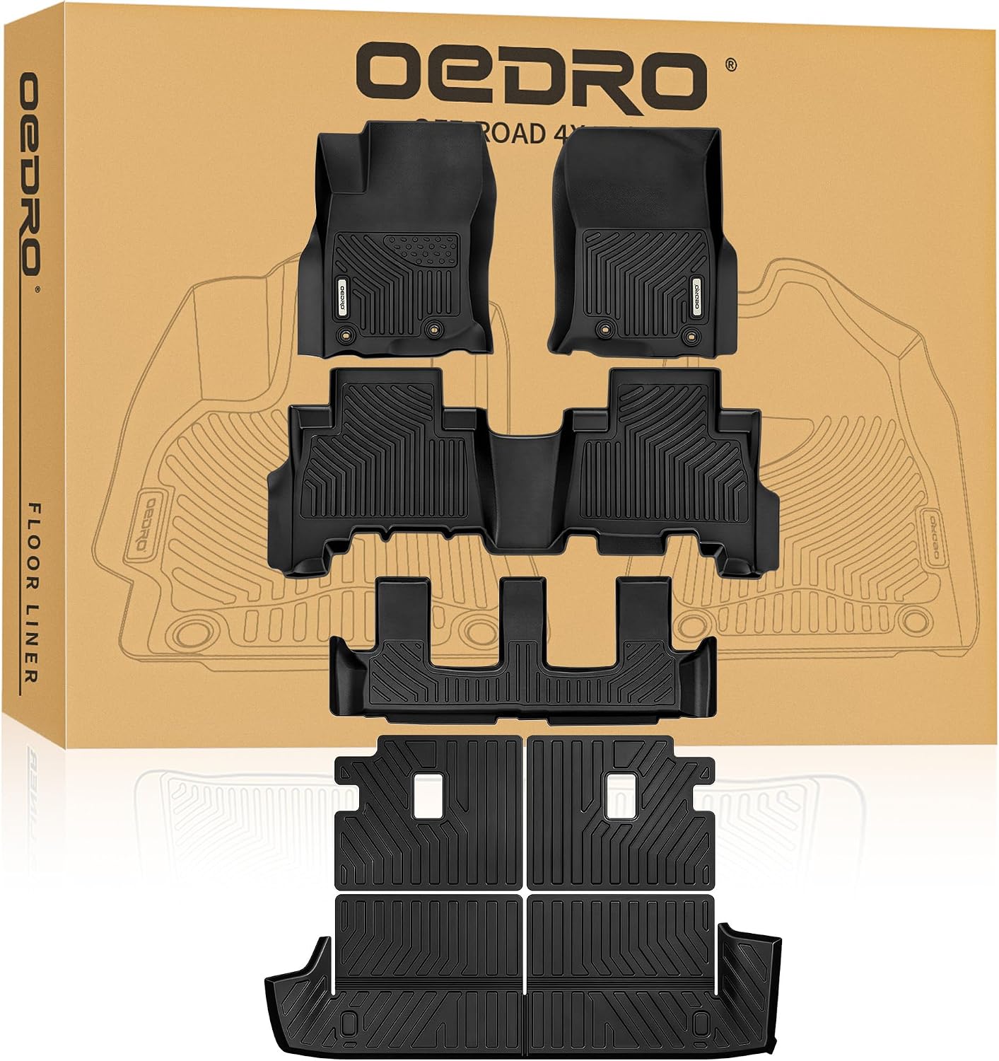 OEDRO Floor Mats Cargo Liner with 3rd Backrest Mats Fit for 2013-2024 Toyota 4Runner 7-Seater, Custom Fit TPE All Weather Floor Liners Trunk Mat