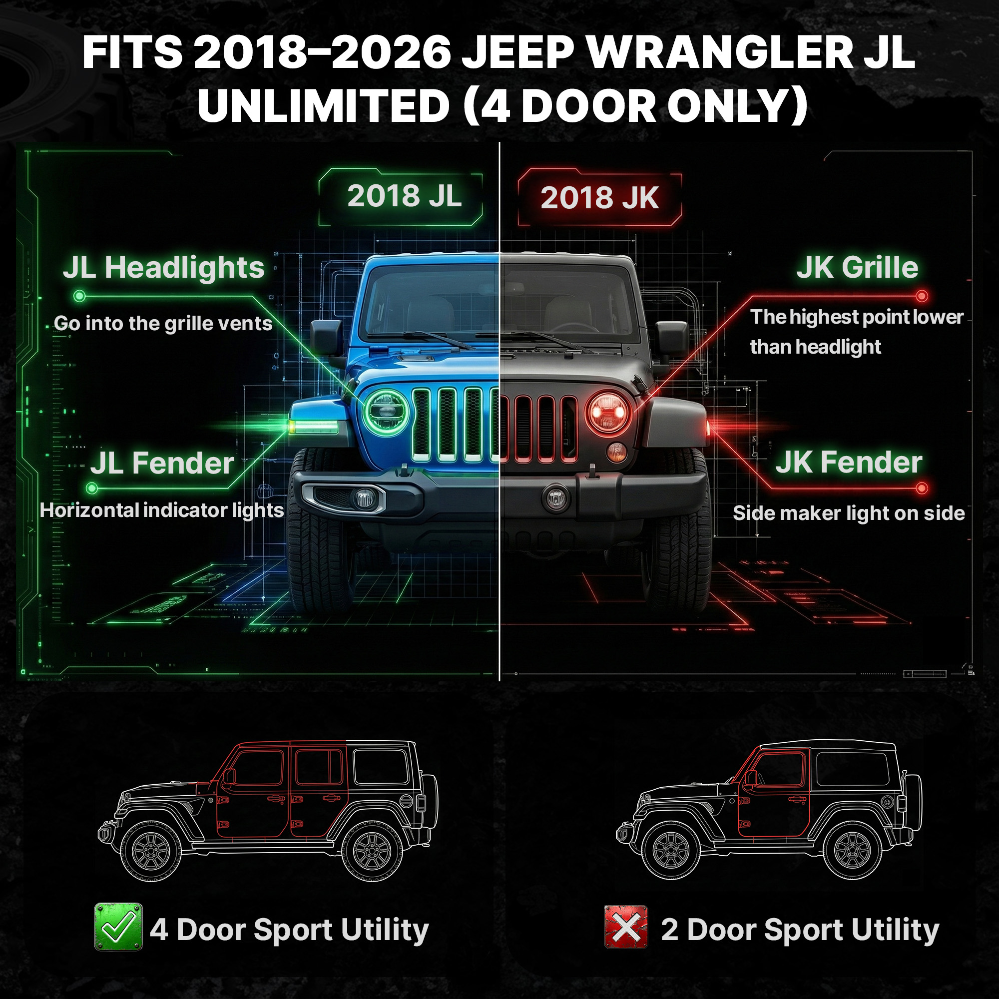 Side view of OEDRO 3-Step Running Boards Compatible with 2018-2026 Jeep Wrangler JL 4 Door, Heavy Duty Carbon Steel Nerf Bars with Drop Steps, Off-Road Rock Slider