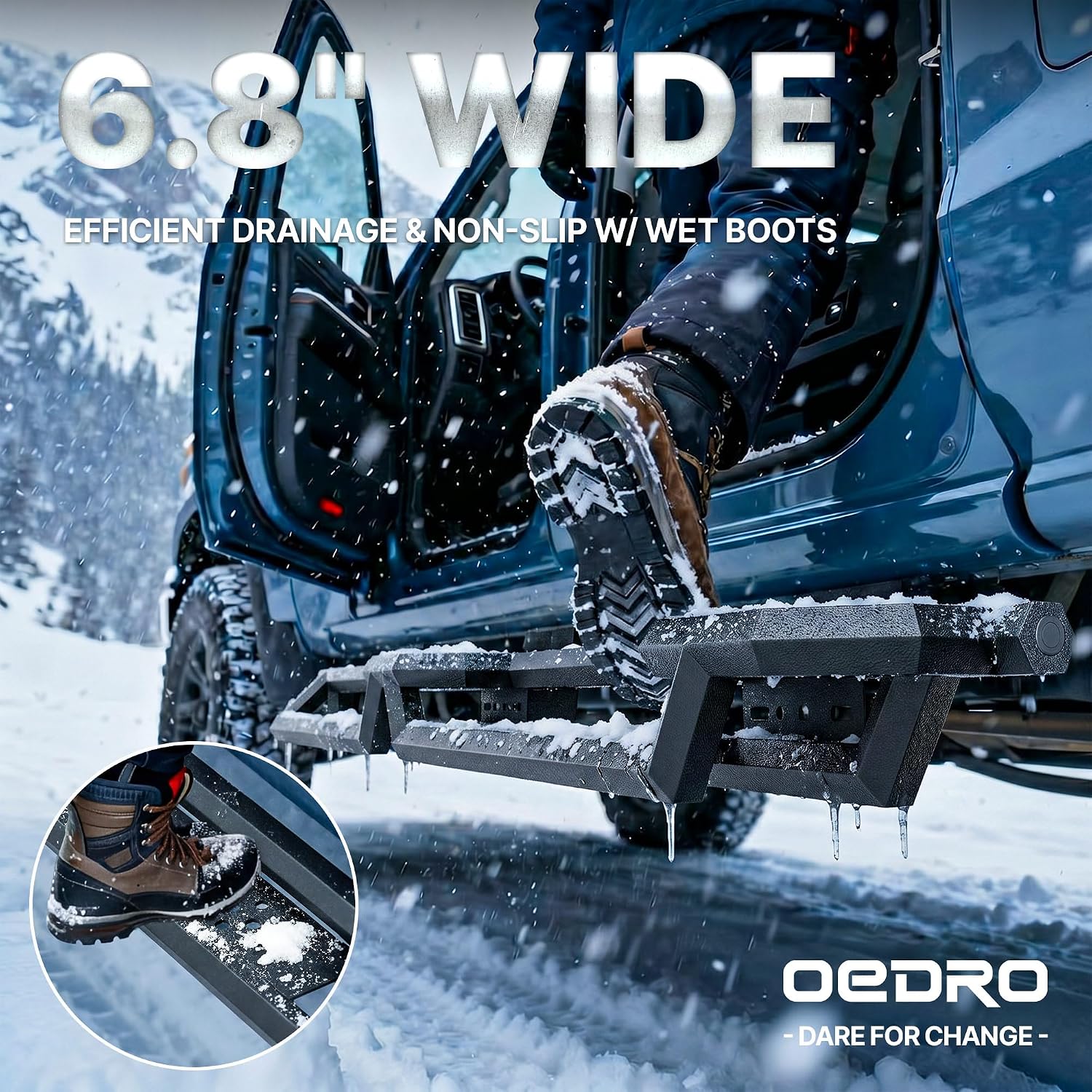 Side view of OEDRO 6.8 inches Running Boards Compatible with 2022-2026 Toyota Tundra Crewmax Cab, Bed Access Side Steps, Two Raised Step Nerf Bars Black Carbon Ste