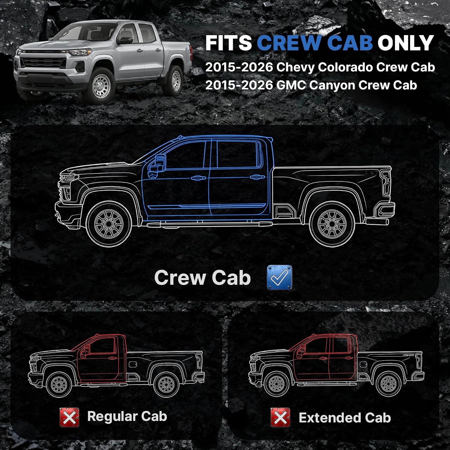 Side view of OEDRO 6.8" Two Stairs Running Boards Compatible with 2015-2026 Chevy Colorado/GMC Canyon Crew Cab, Bolt-On Side Steps Black Powder Coated Nerf Bar