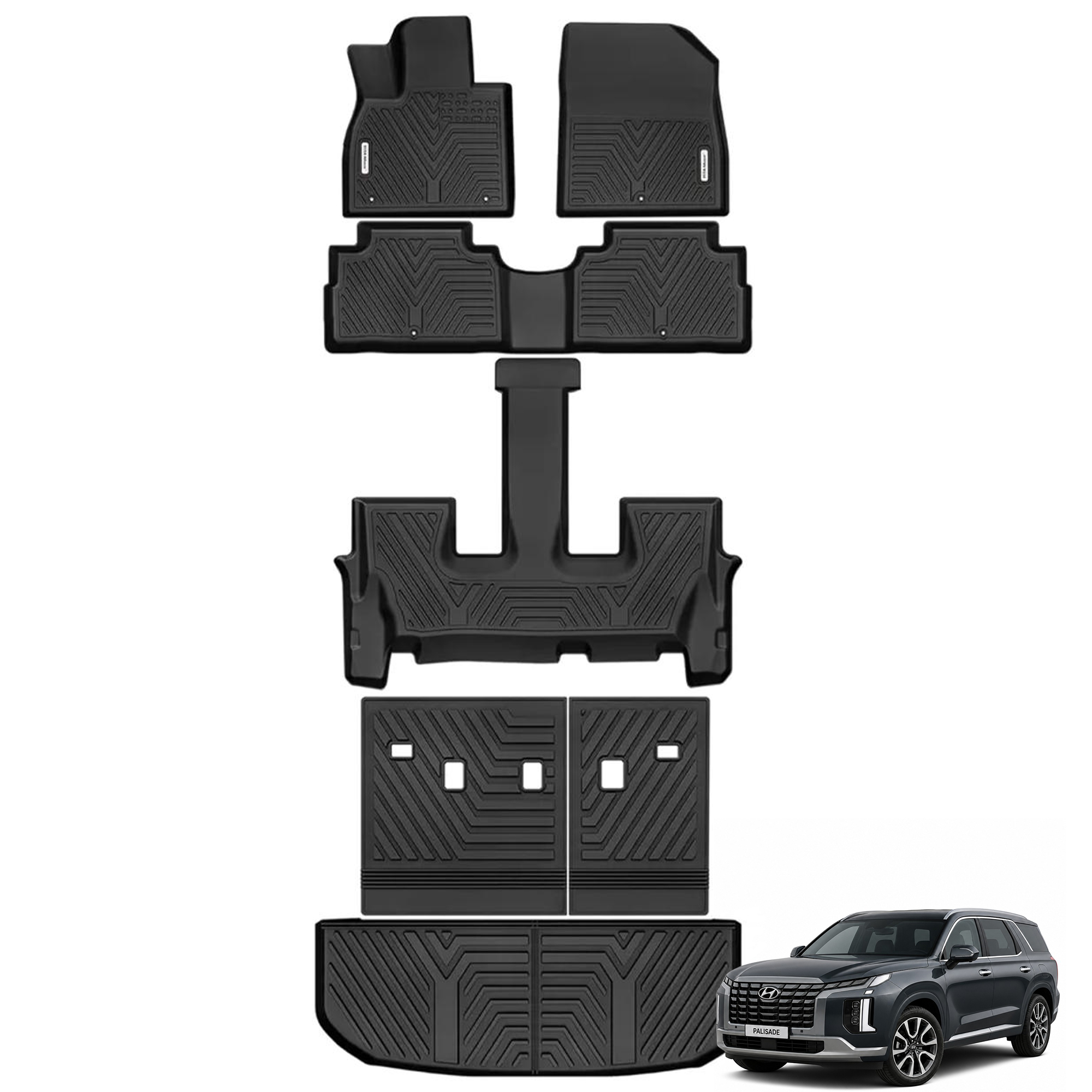 YITAMOTOR® Floor Mats for 2020-2025 Hyundai Palisade with 2nd Row Bucket Seats, Rear Trunk Mat with Backrest Mat Floor Mat Replacement , Black