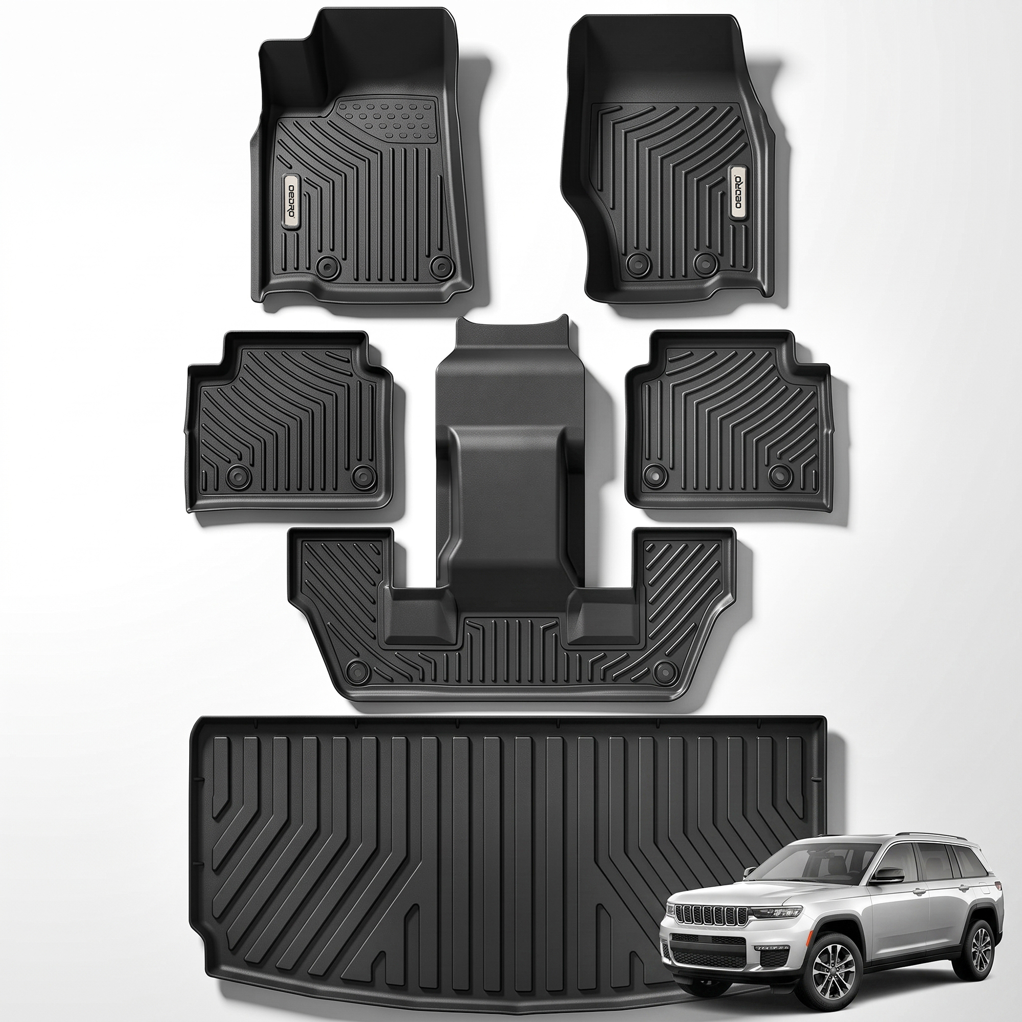 OEDRO Floor Mats All-Weather TPE for 2021-2025 Jeep Grand Cherokee L (ONLY for 6 Seat) 1st, 2nd Row Floor Mat Liners (Without Center Console)