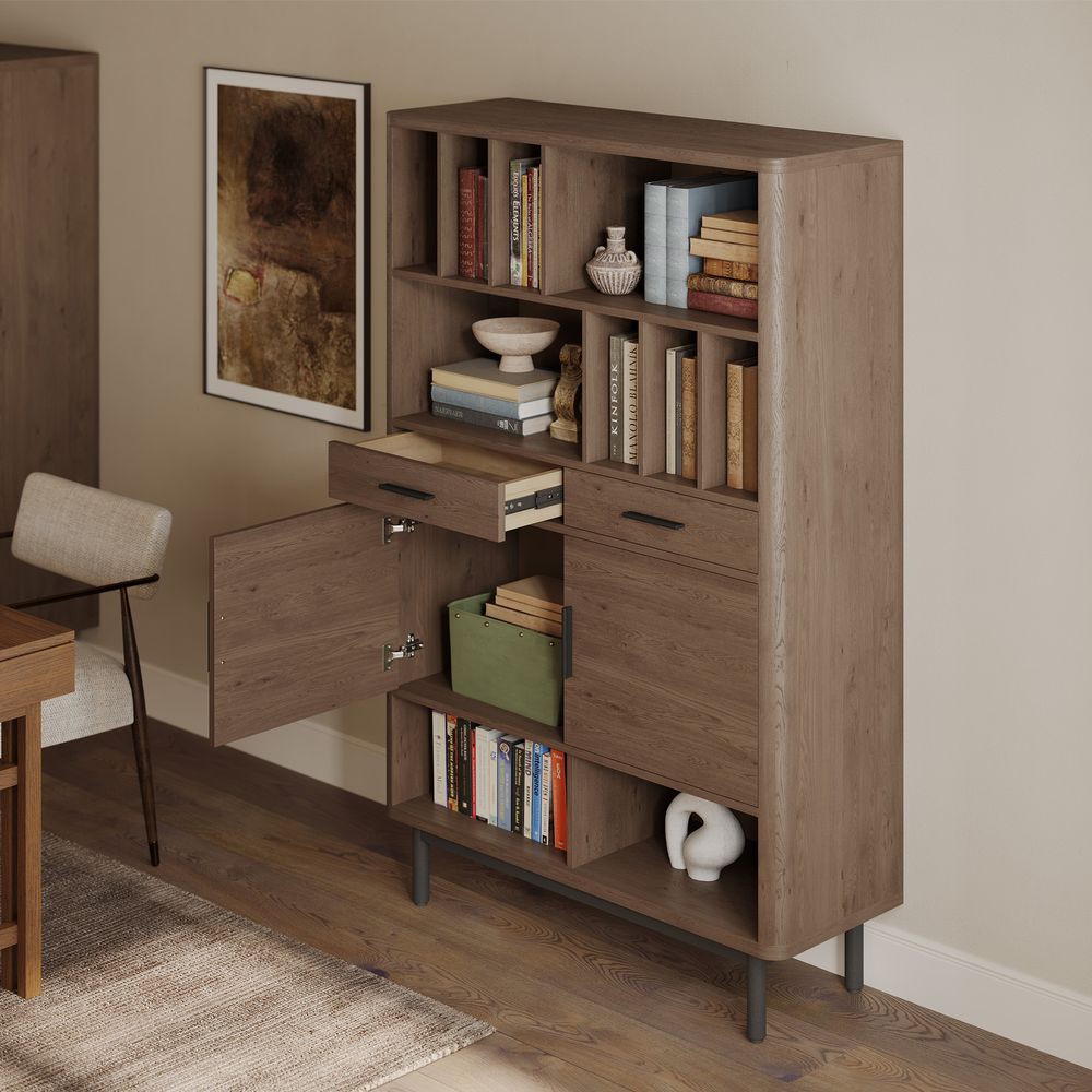 mid-century corner bookcase shelf