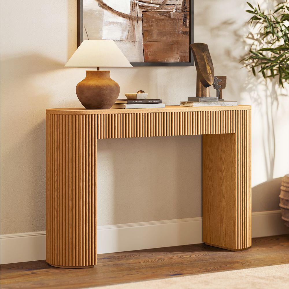 natural wood console table with drawers