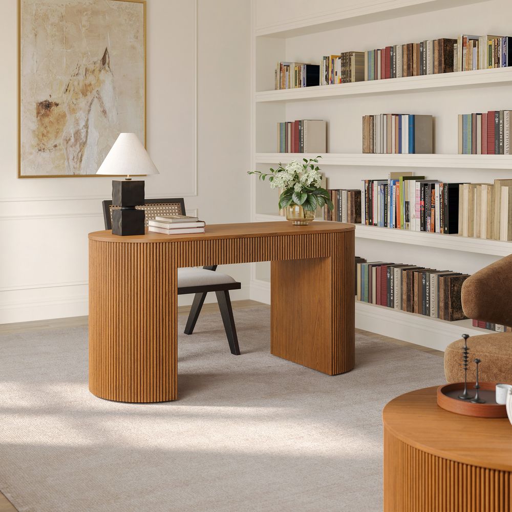 walnut office desk with geometric accents