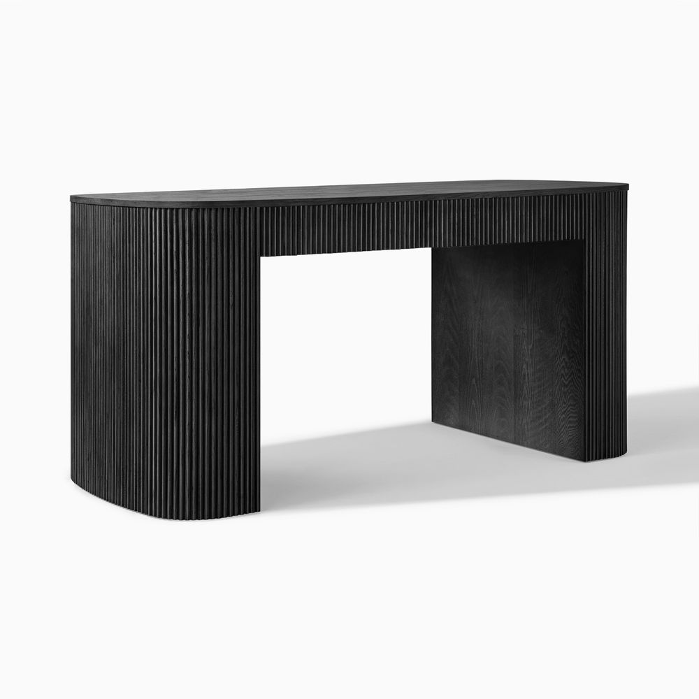 black writing desk with oak wood finish