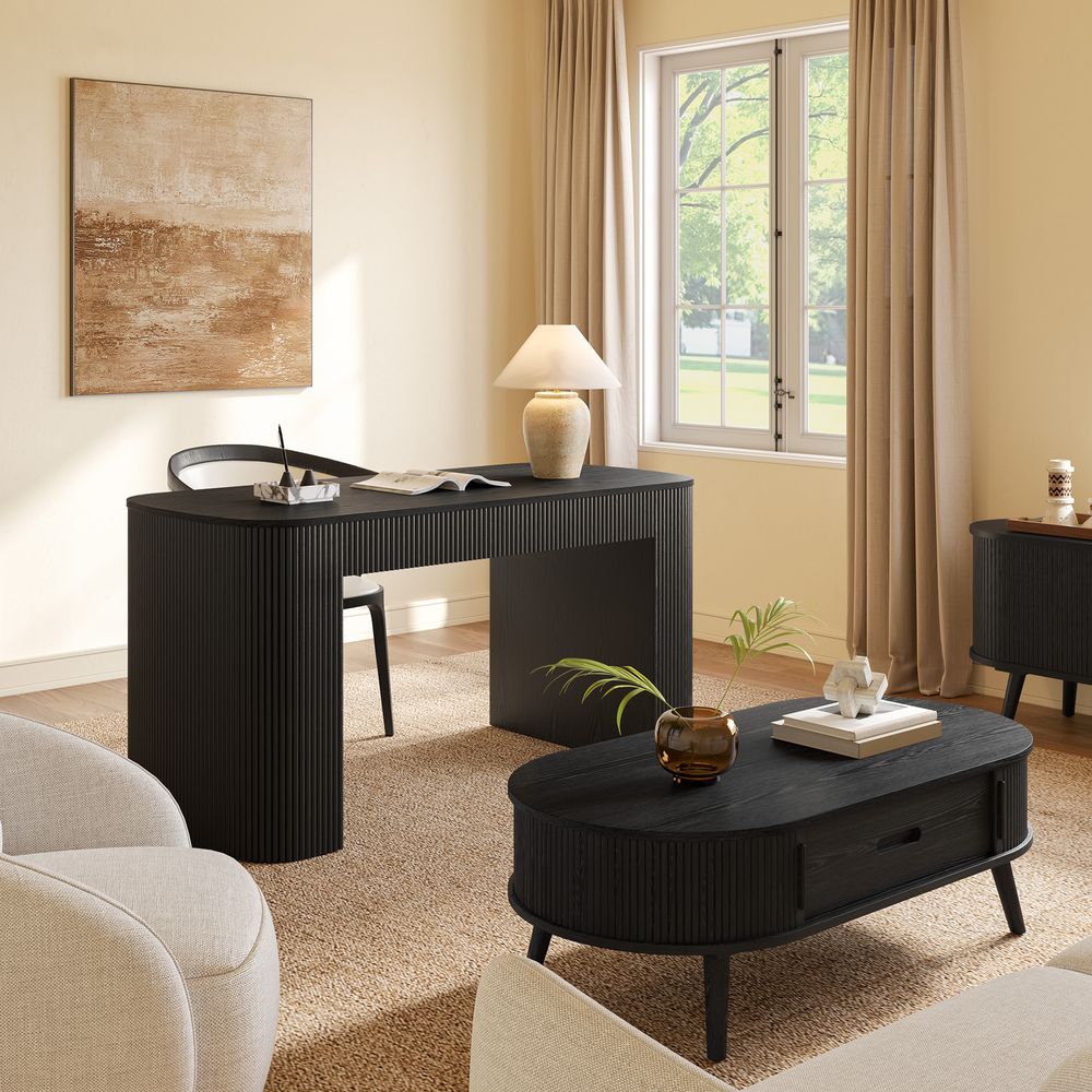 Black writing desk  with geometric accents