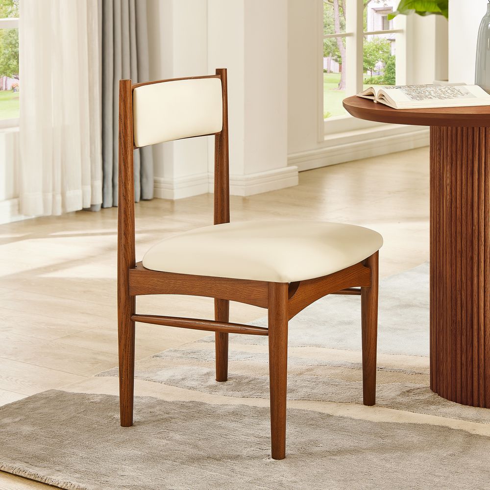 Set of 2 Solid Oak Dining Chairs with Beige PU Leather Upholstery